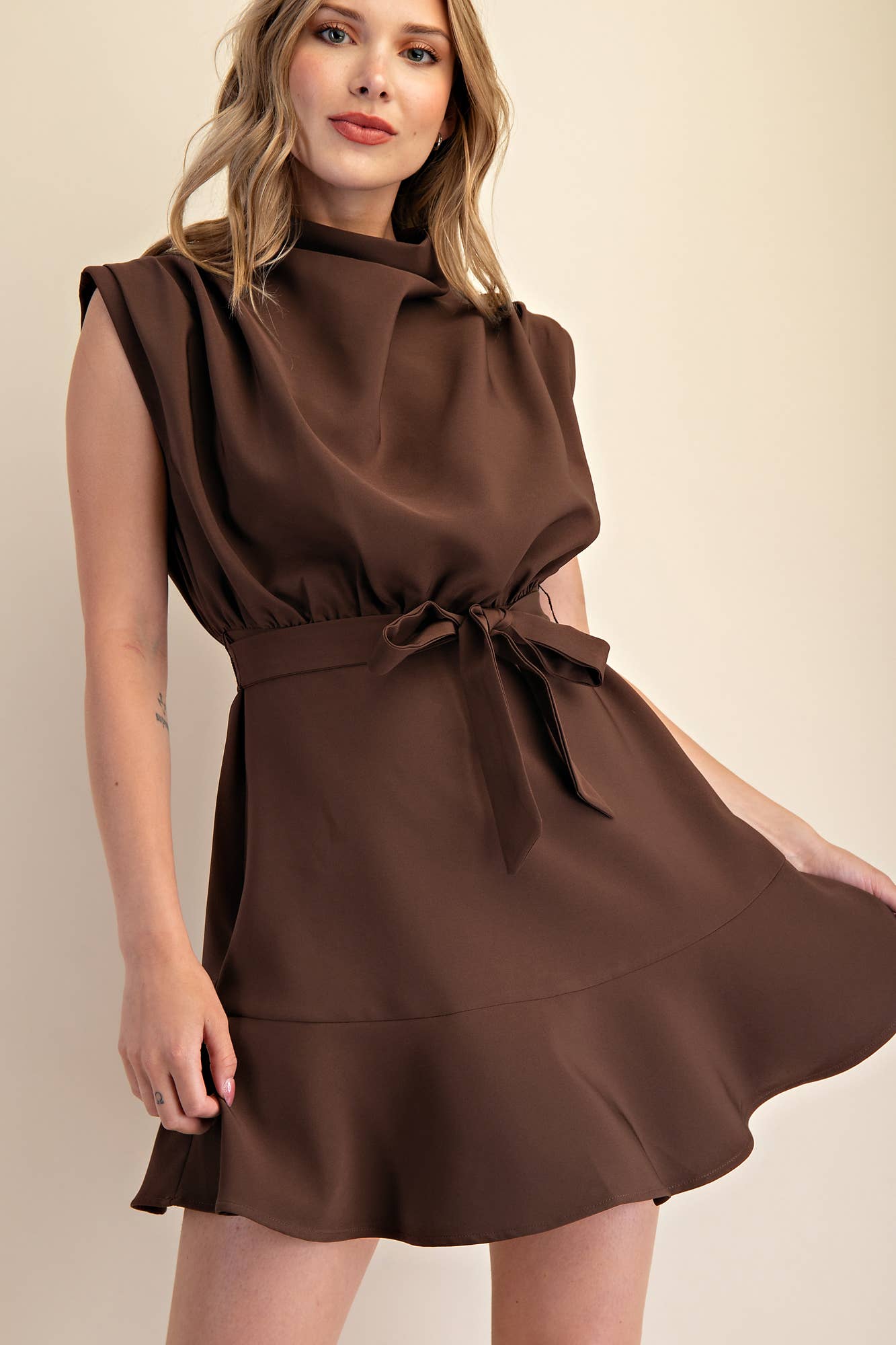 Cowl Neck Sleeveless Waist Tie Fall Mini Dress