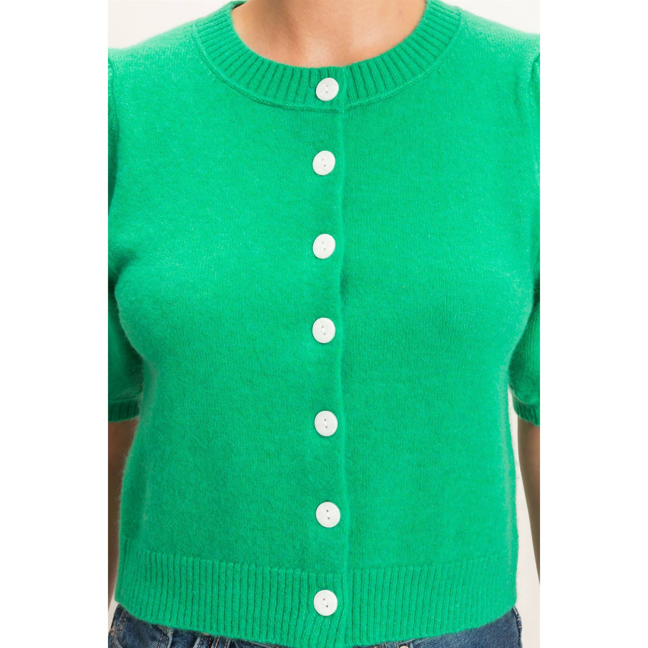 Button Front Puff Short Sleeve Cardigan