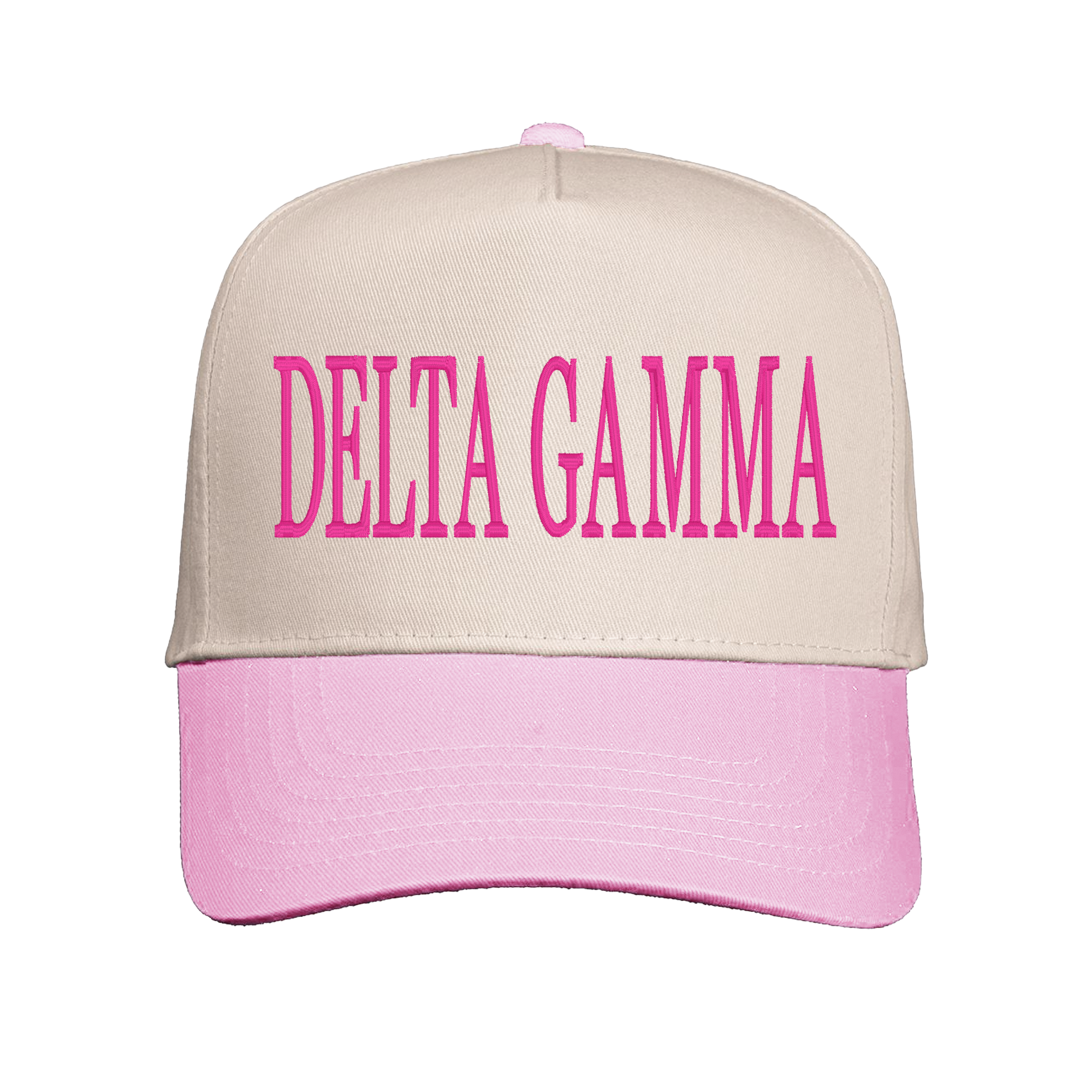 A tan baseball cap with the text "DELTA GAMMA" printed in pink on the front.