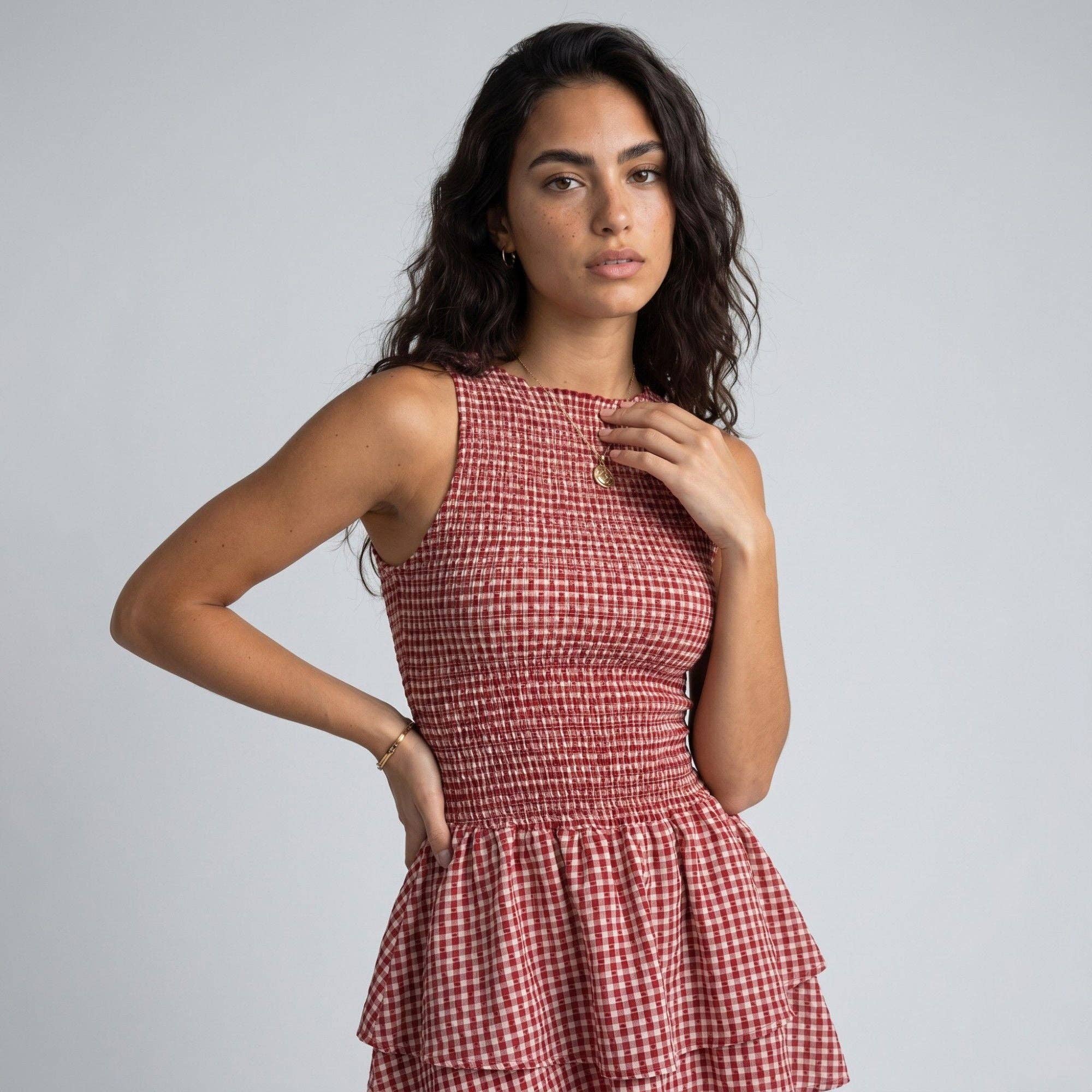 Gingham Sleeveless Smocked Mini Dress with Tiered Ruffle Skirt