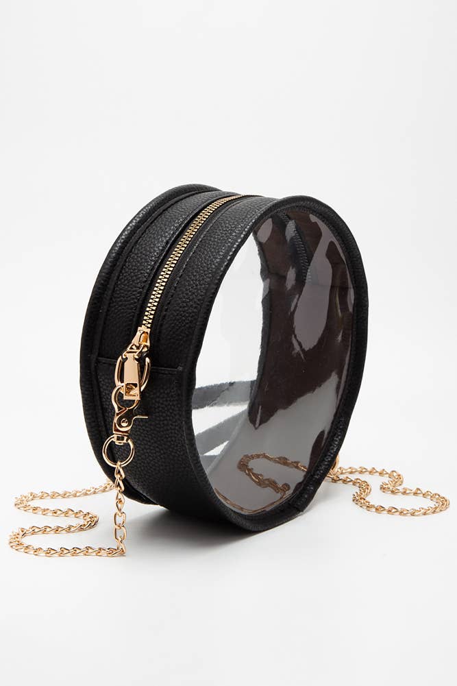 Solid Color Trim Clear Round Crossbody Bag: Gold