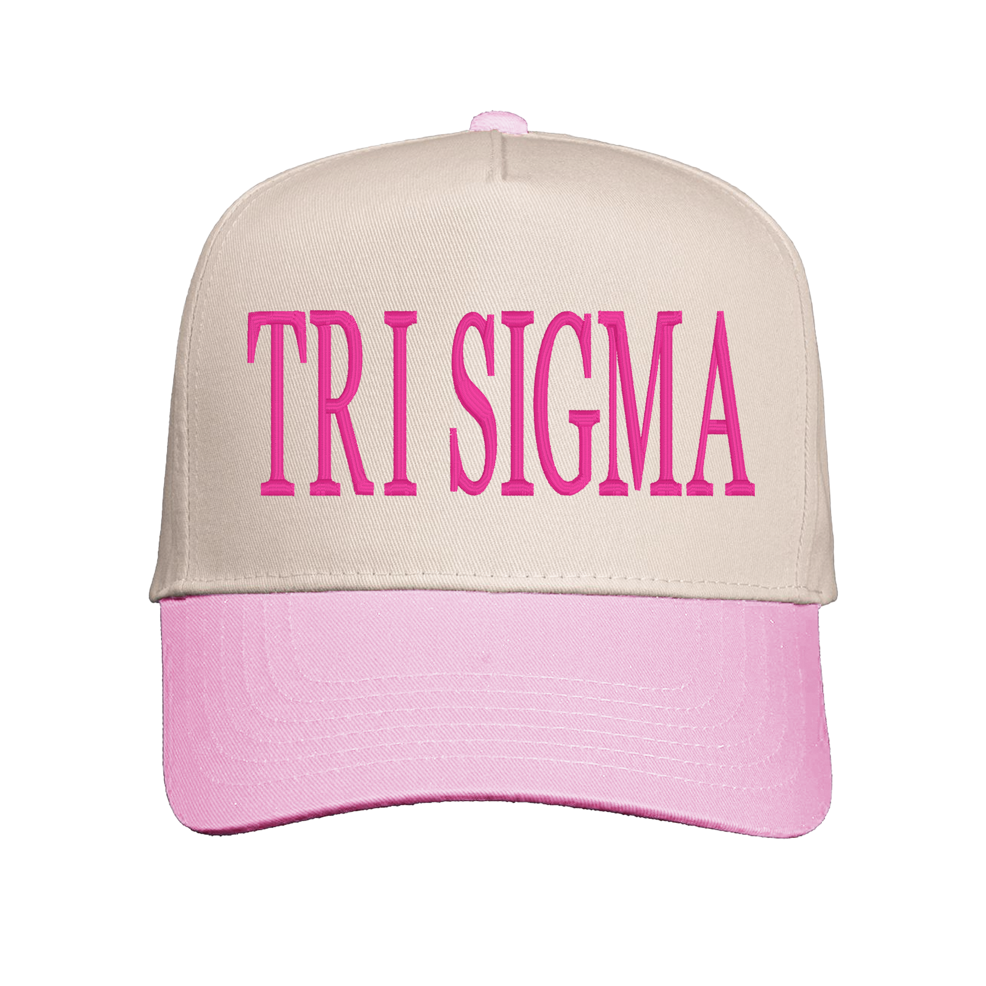 A pink and beige baseball cap with the text "TRI SIGMA" printed on it.