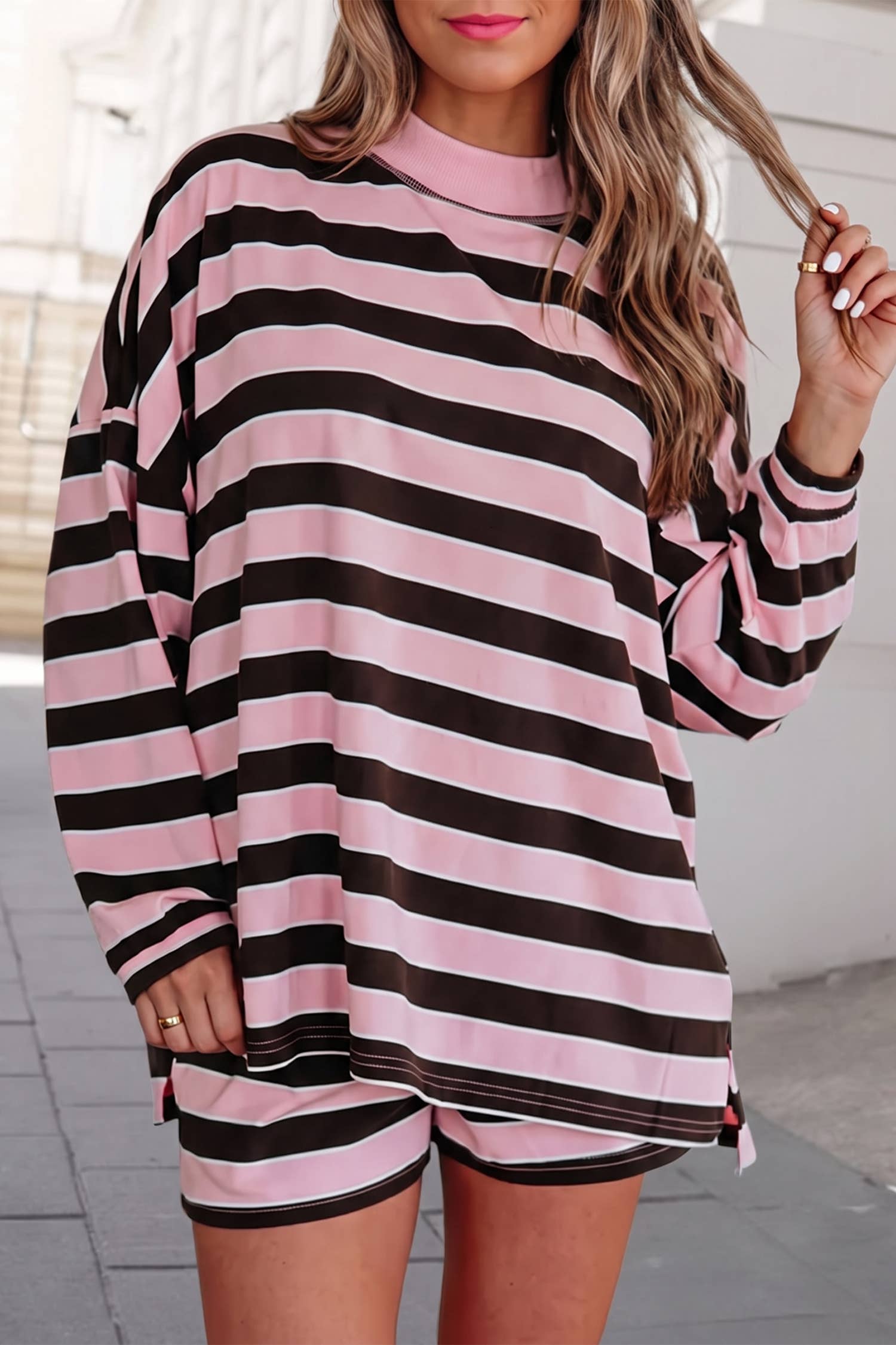 Striped Print Mock Neck Oversized Shorts Set