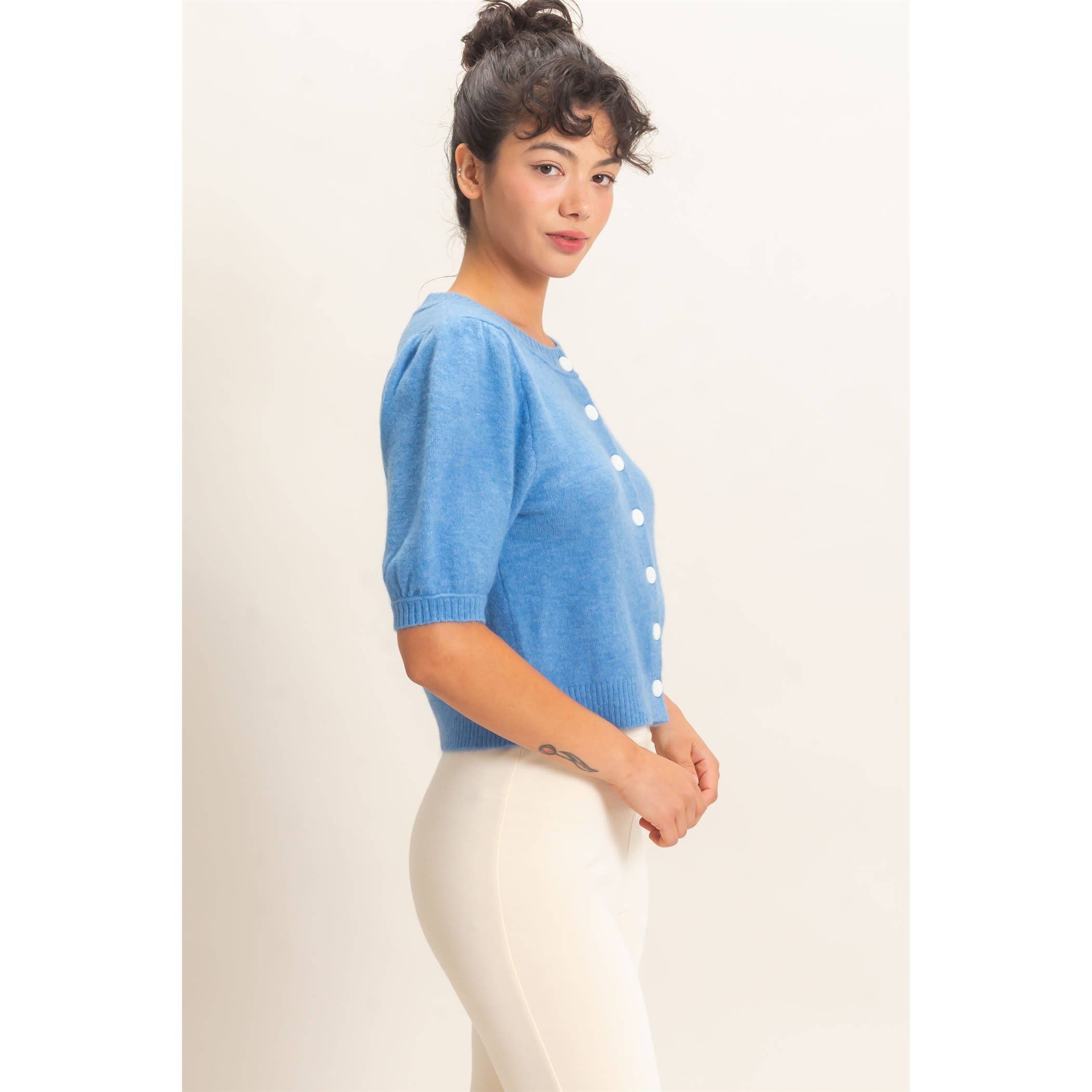 Button Front Puff Short Sleeve Cardigan