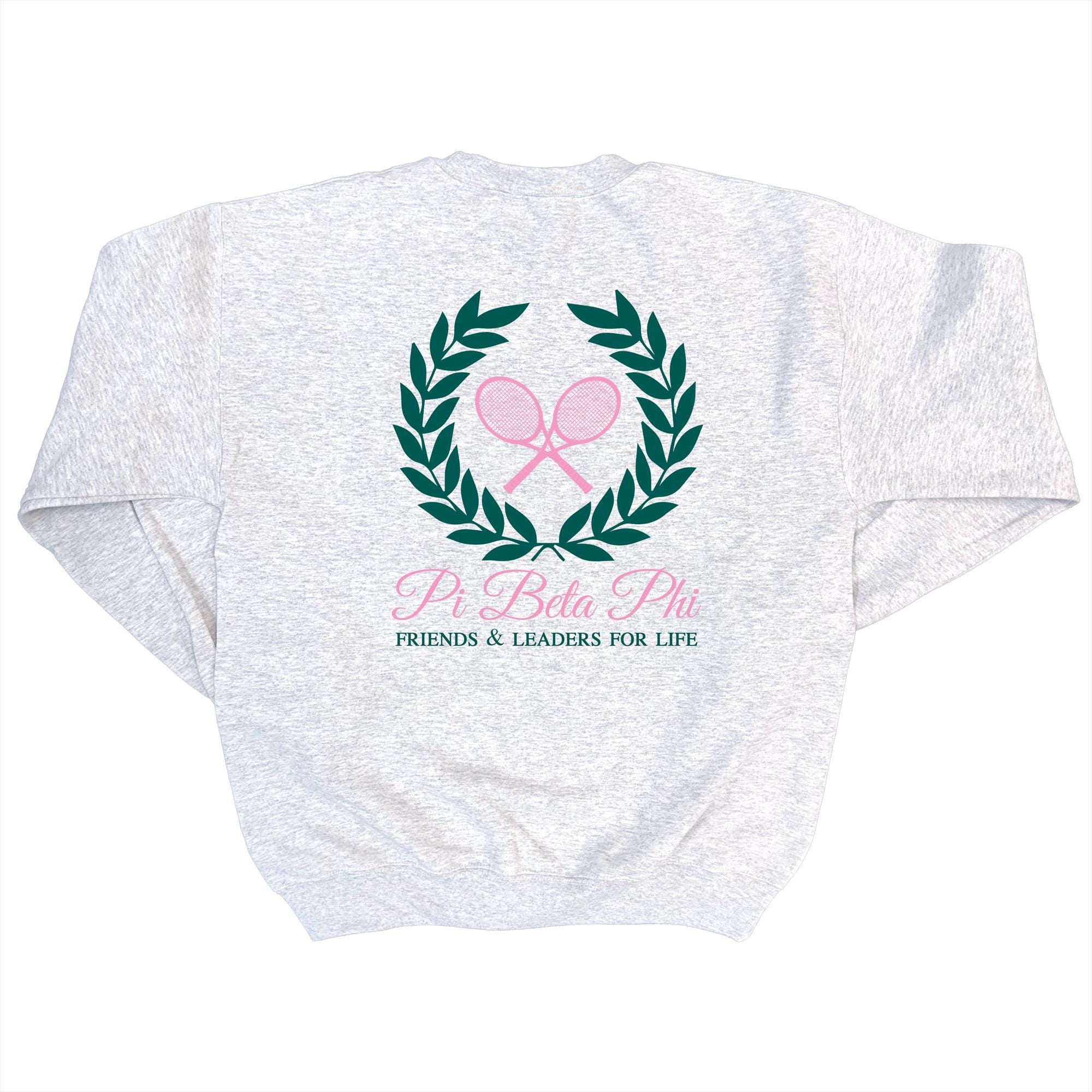 Pi Beta Phi Tennis Club - Embroidered & Printed Preppy Sorority Sweater - Ash