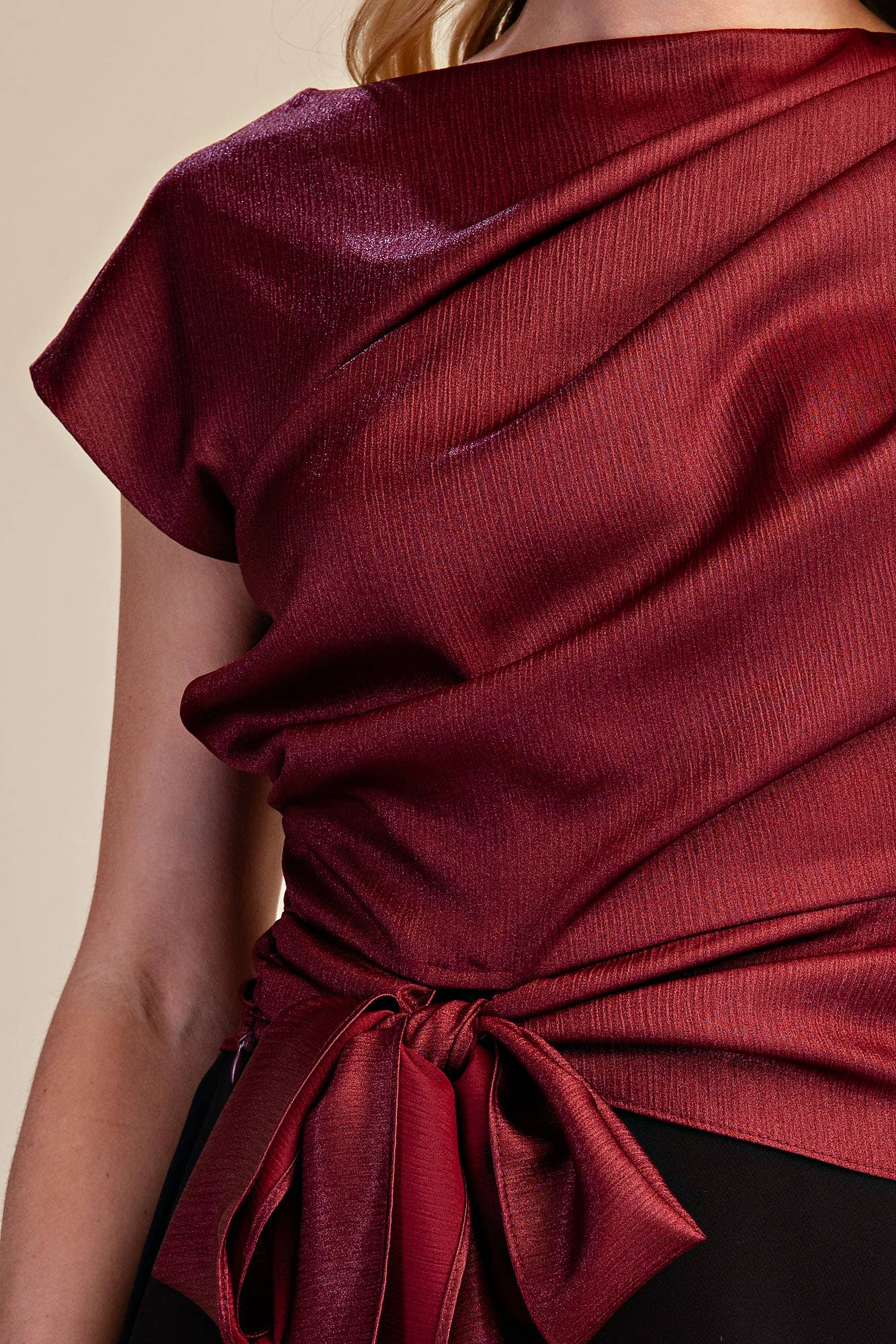 Asymmetrical Neck Waist Tie Blouse