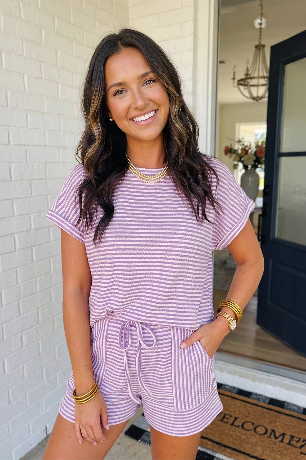 LAS Stripe Breathable Textured Knit Shorts Set (S-XL)