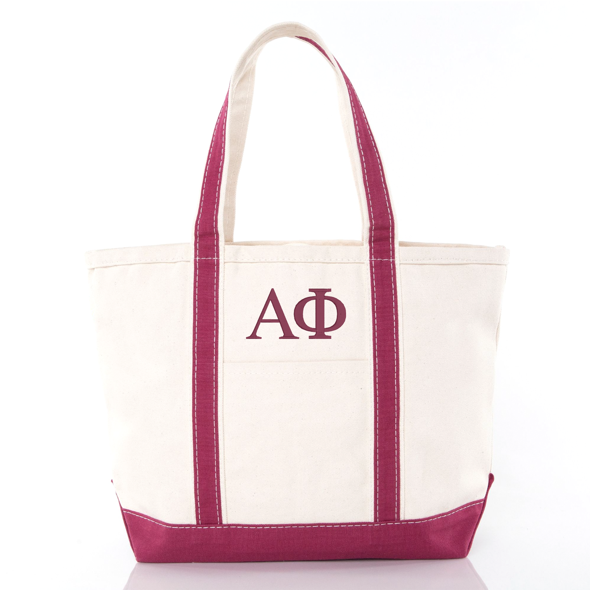 A white tote bag with maroon trim and the Greek letter "ΑΓΟ" printed on it.
