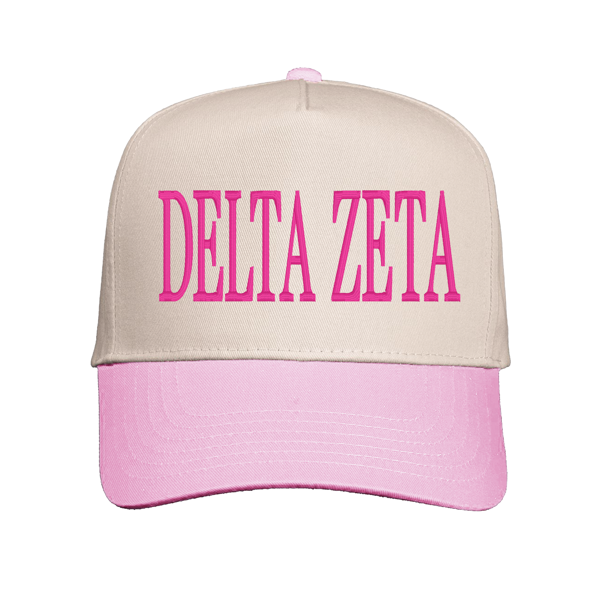 A tan baseball cap with pink text on it.