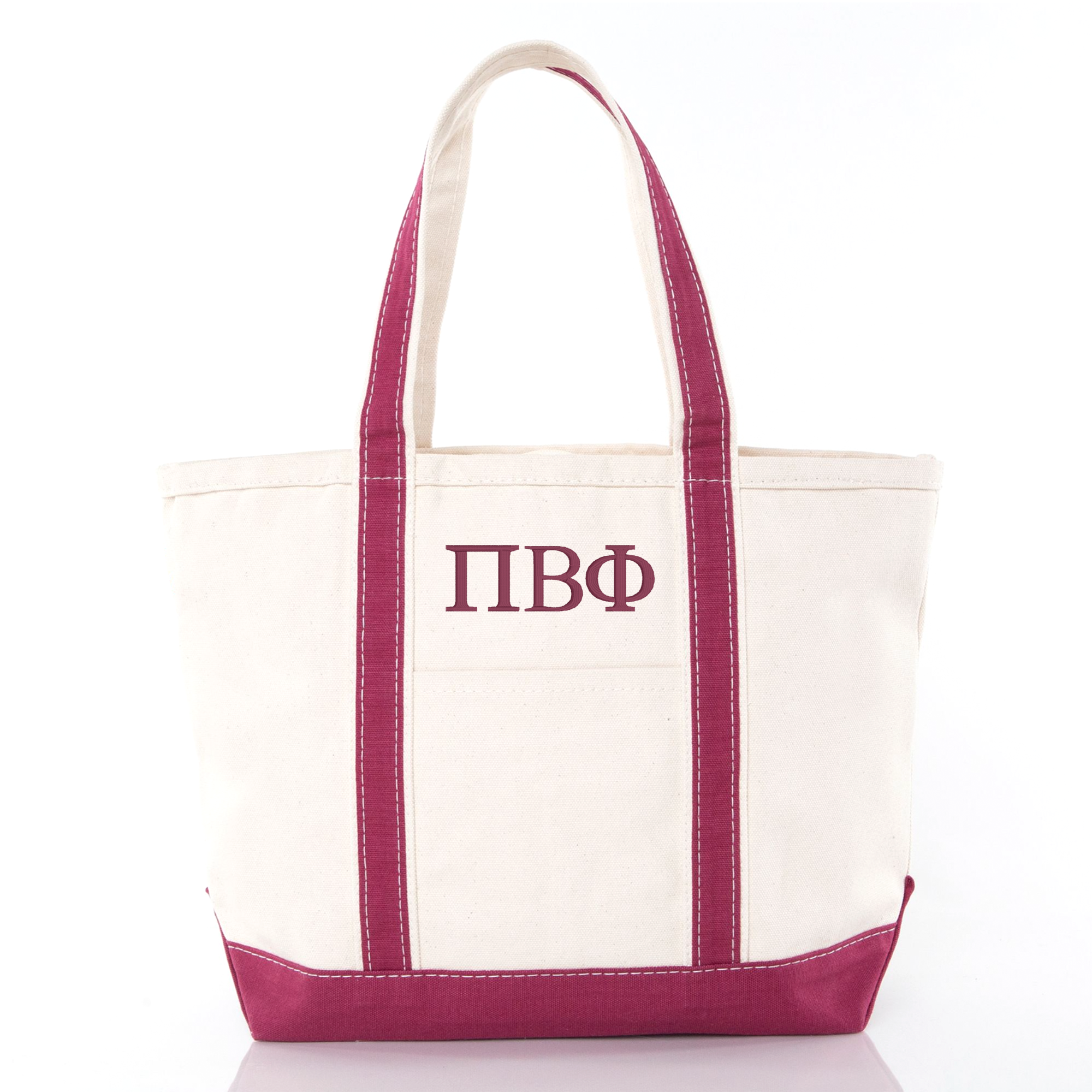 A white tote bag with maroon trim and the Greek letters "ΦΑΓΟ" printed on it.