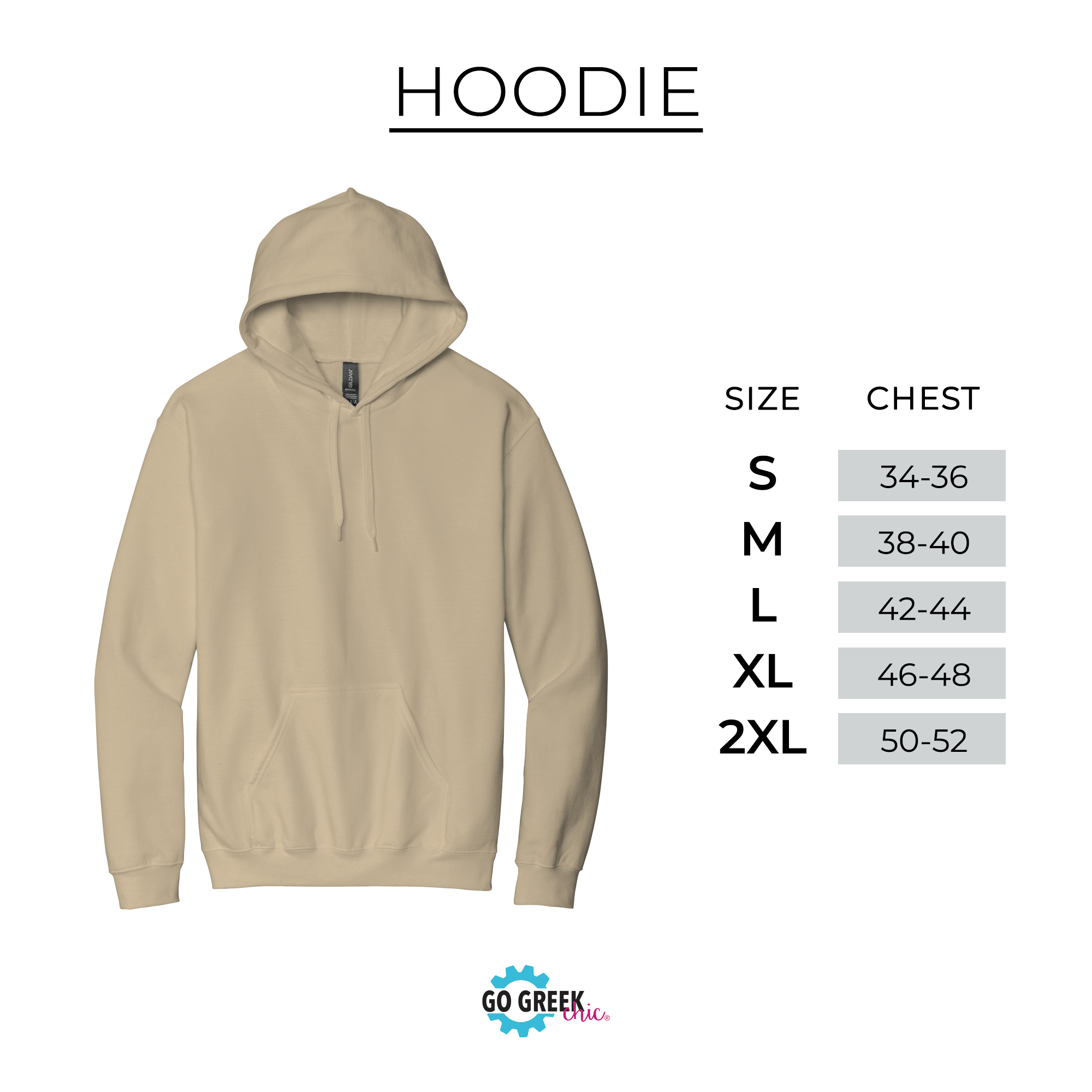 a beige hoodie with size and chest measurements listed below it.