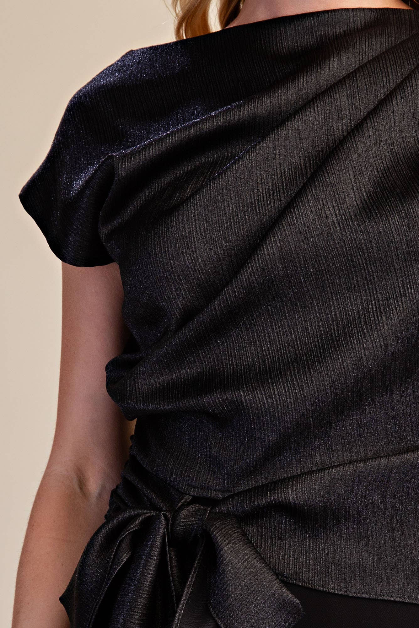 Asymmetrical Neck Waist Tie Blouse