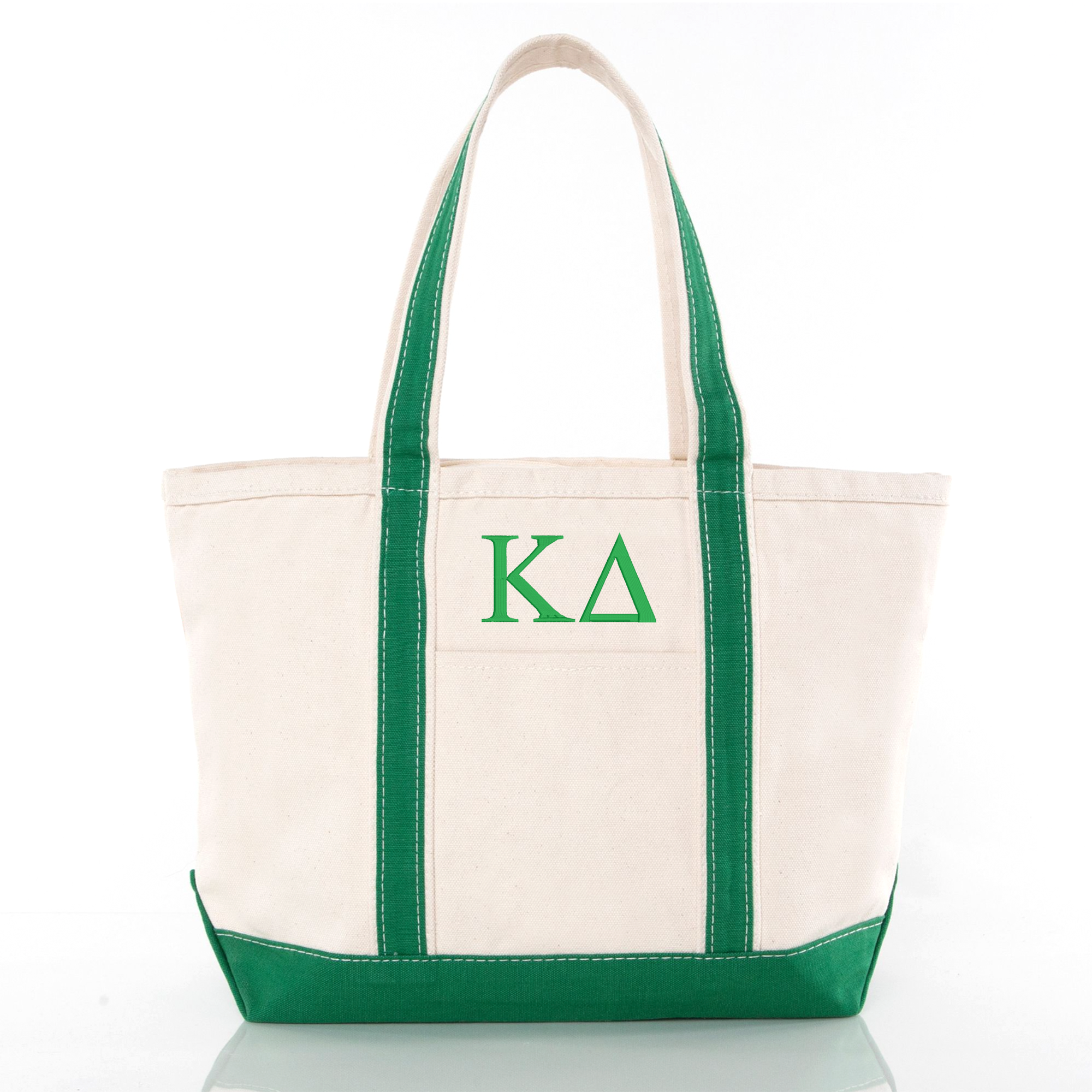 A beige tote bag with green trim and the Greek letters 'ΔΟ' printed on it.