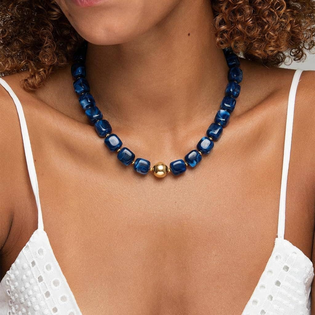 Square Resin Bead Necklace With Gold Ball Detail