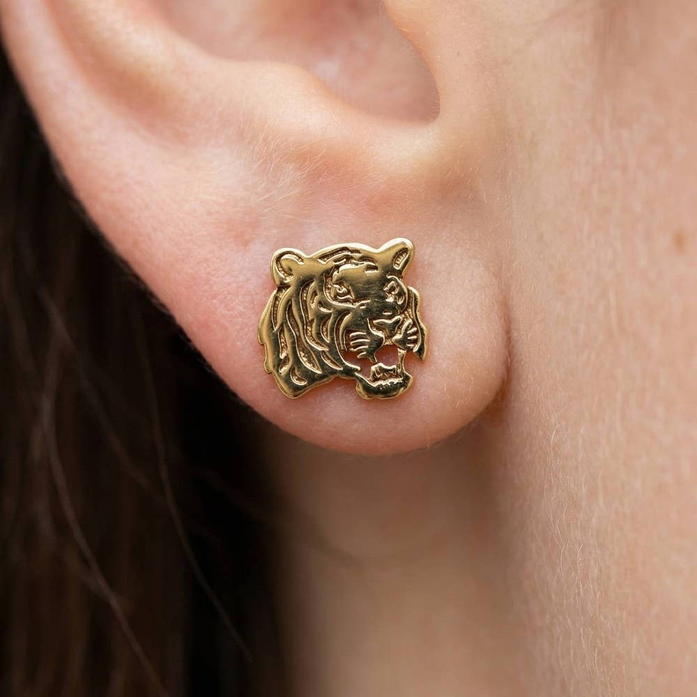 Secret Box Gold Dipped Tiger Head Stud Earrings