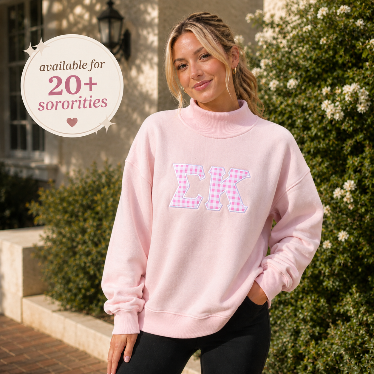 Custom Sorority Embroidered Light Pink Gingham Applique Mock Neck
