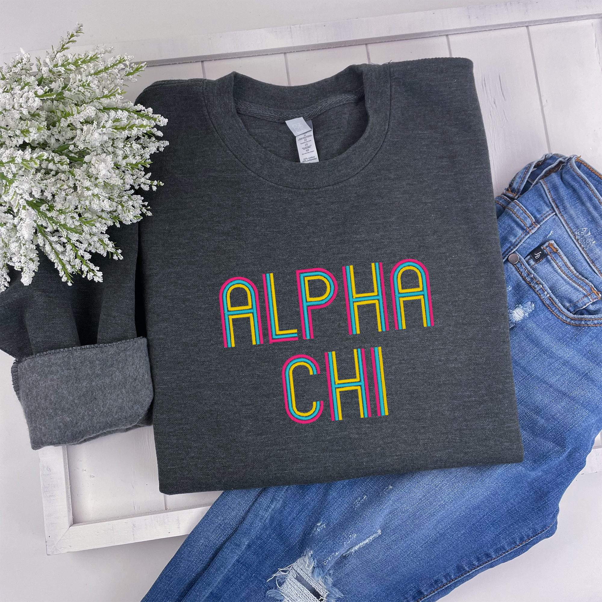 Alpha Chi Omega Retro Embroidered  Sweatshirt, Alpha Chi - Go Greek Chic