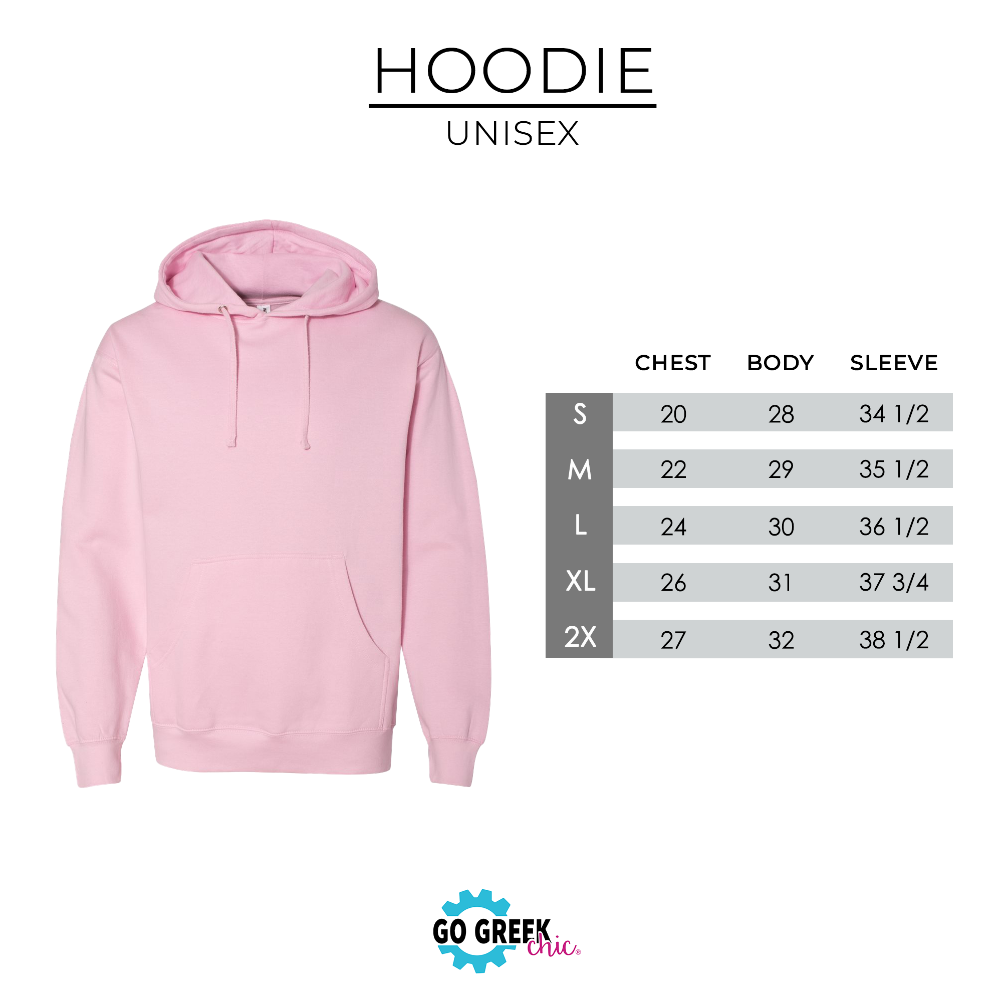 a pink hoodie is shown with measurements for the hoodie