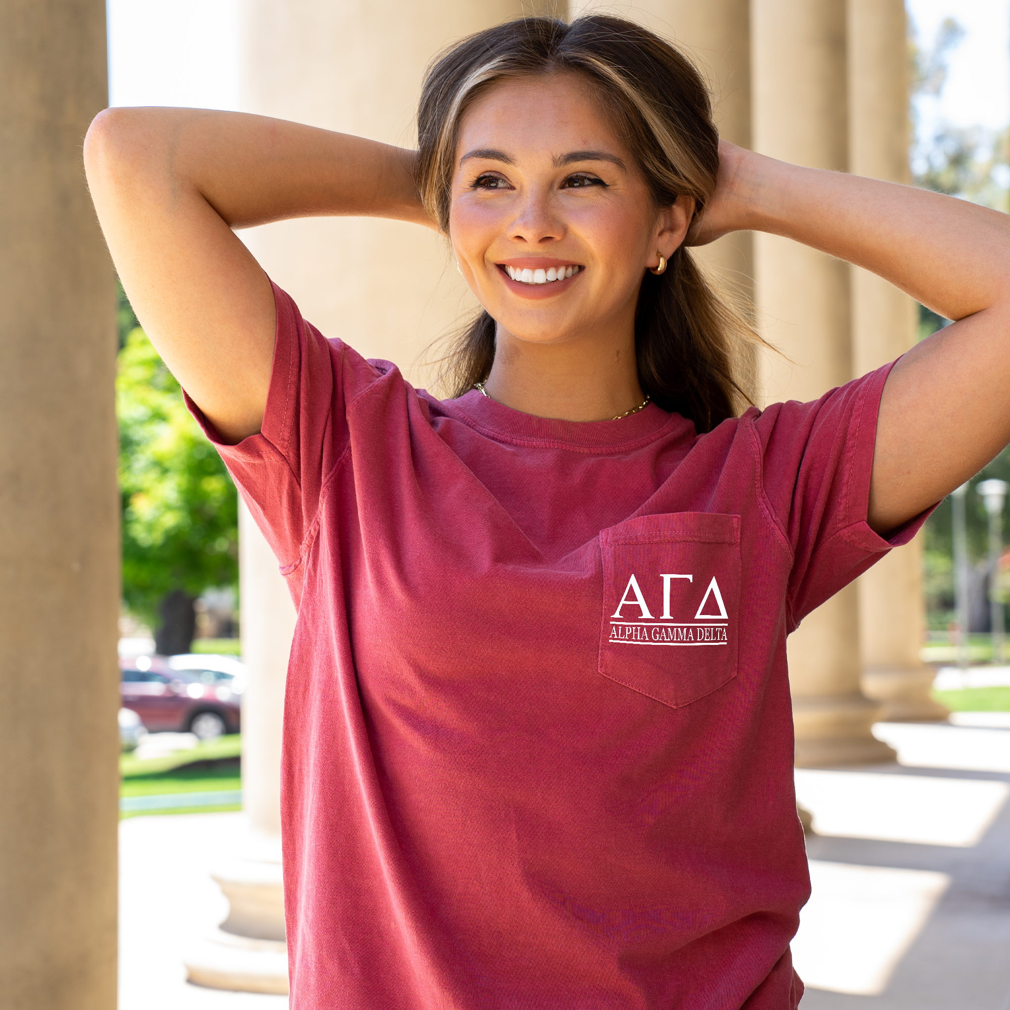 Alpha Gamma Delta Block Letters T-Shirt - Crimson - Go Greek Chic