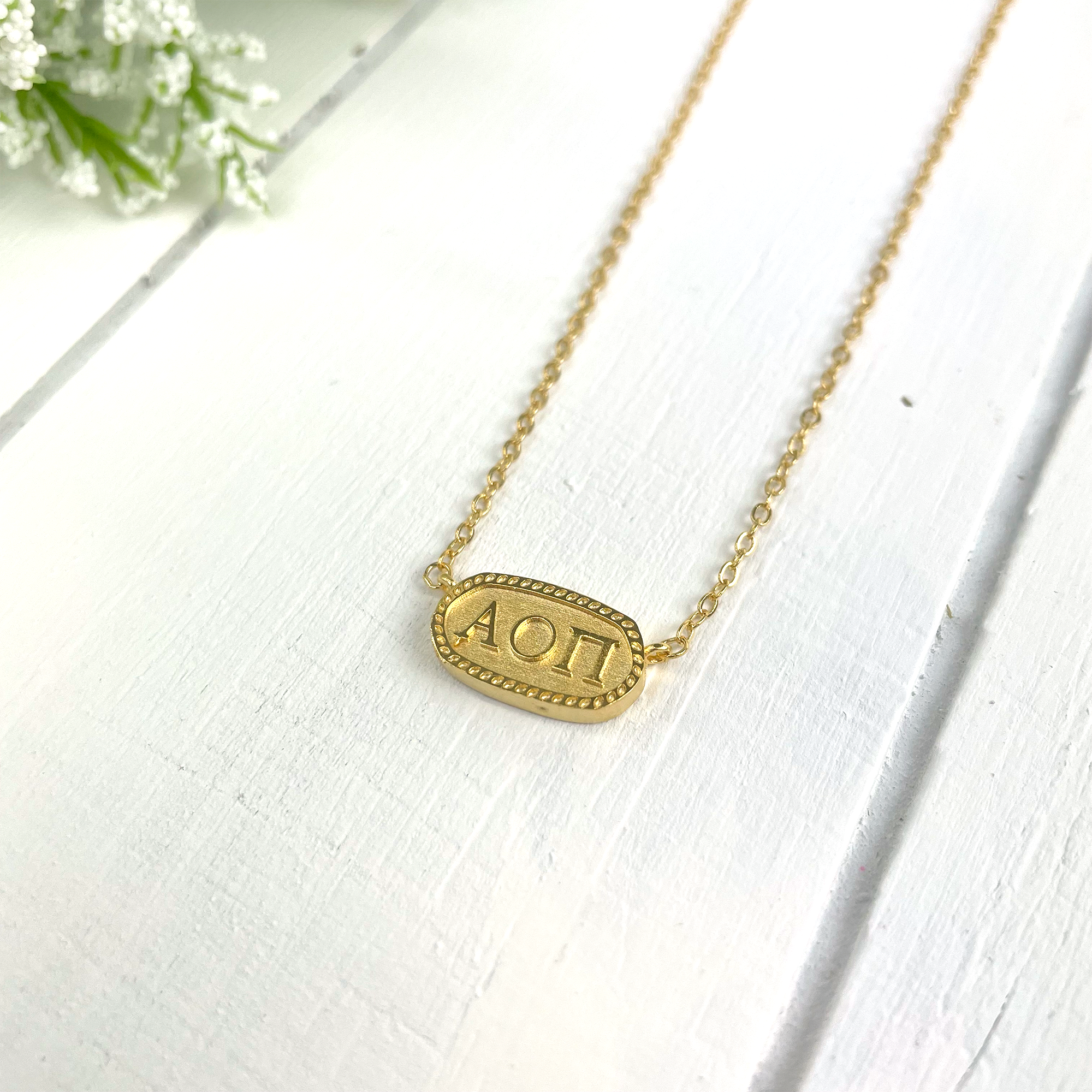 Alpha Omicron Pi Gold Plated Athena Necklace - Go Greek Chic