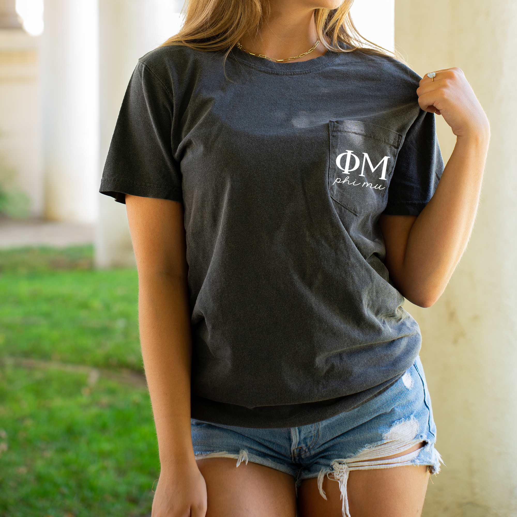 Phi Mu Script Letters Pocket T-Shirt - Grey - Go Greek Chic