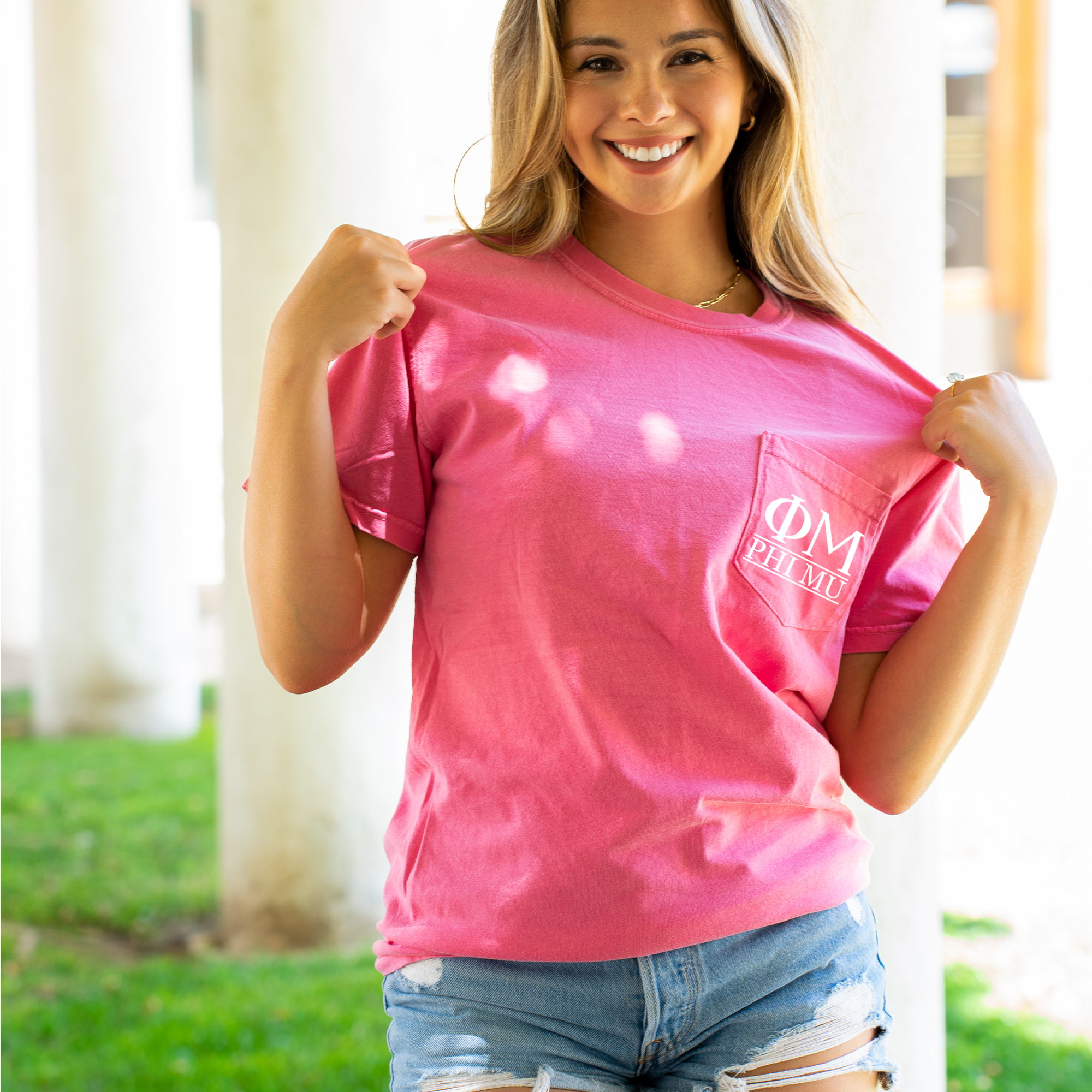 Phi Mu Block Letters Pocket T-Shirt - Pink - Go Greek Chic