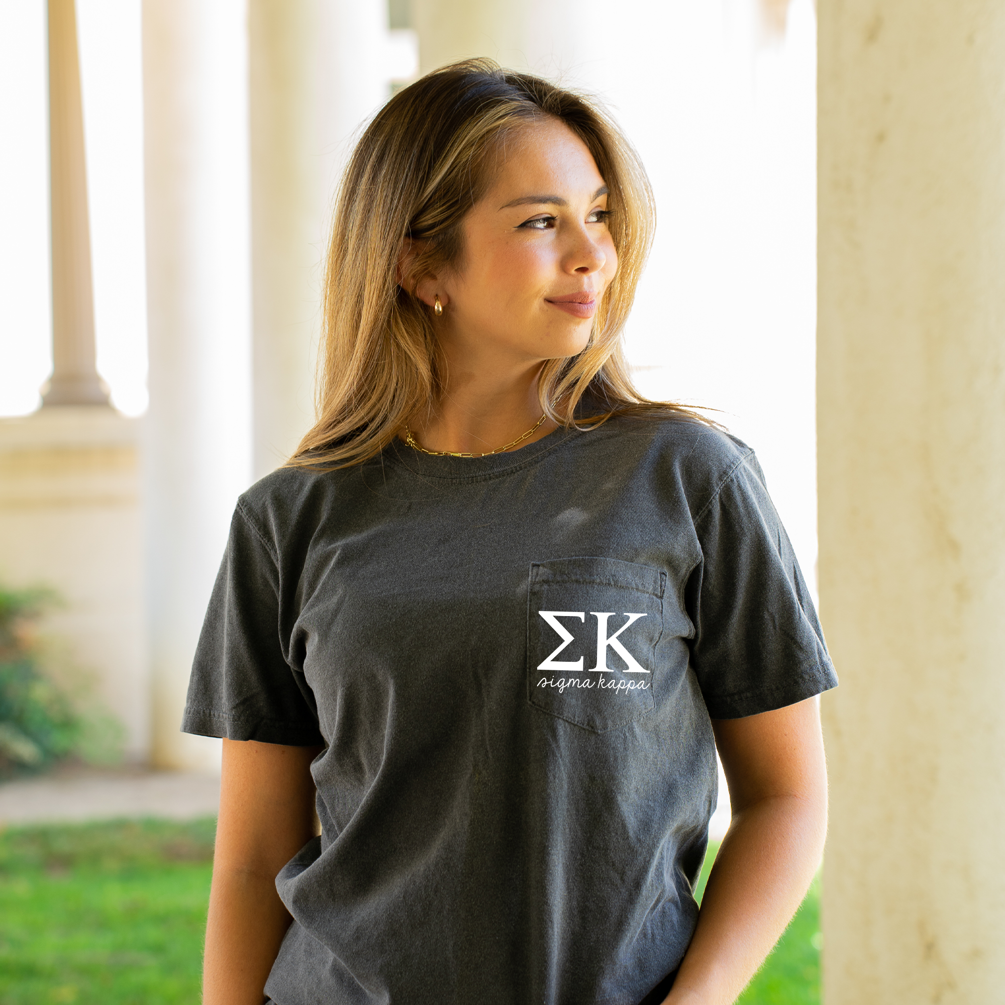 Sigma Kappa Script Letters Pocket T-Shirt - Grey - Go Greek Chic