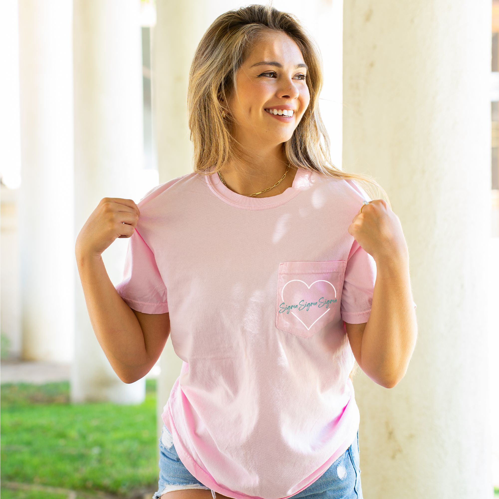 Sigma Sigma Sigma Heart Pocket T-Shirt - Blossom - Go Greek Chic