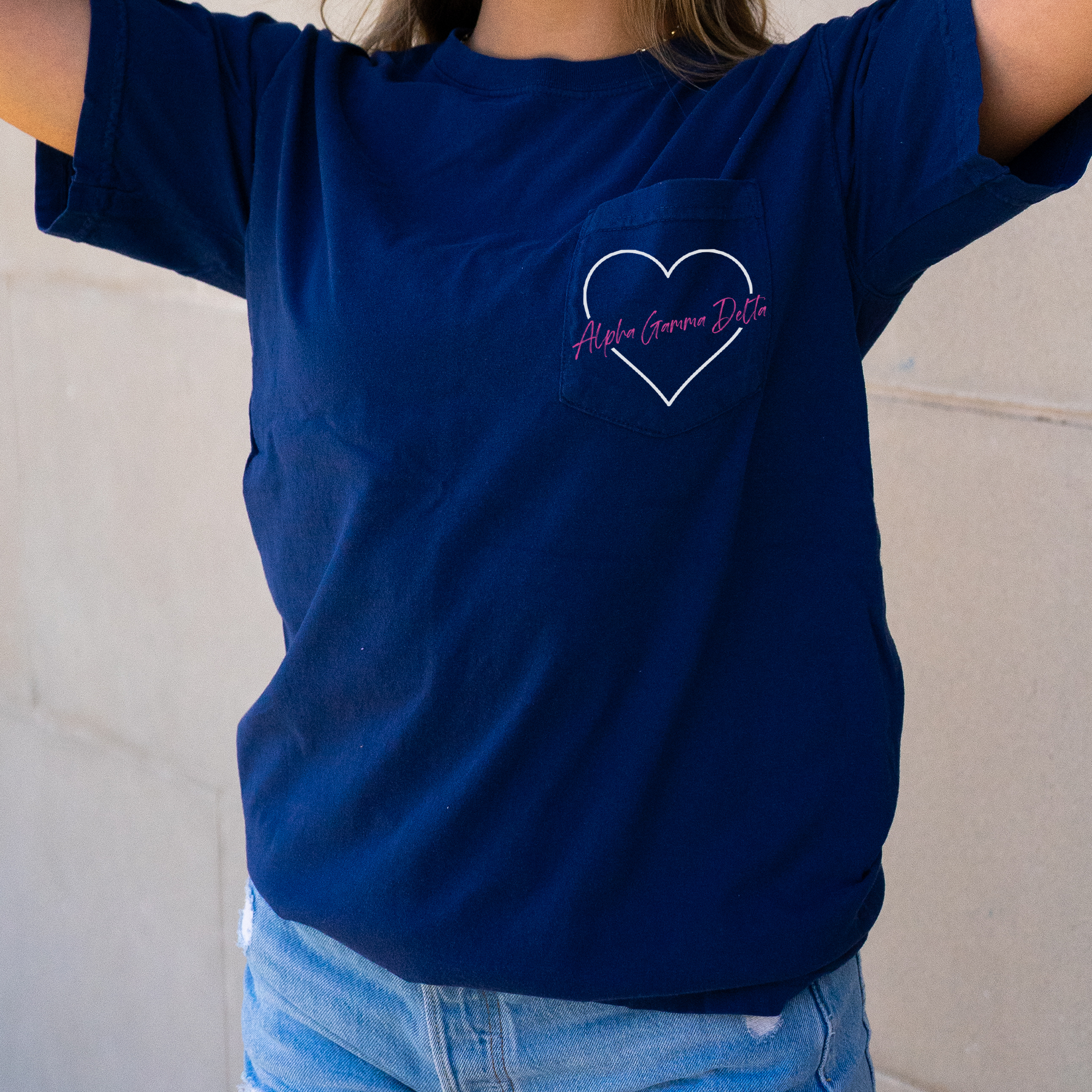 Alpha Gamma Delta Heart Pocket T-Shirt - Navy - Go Greek Chic