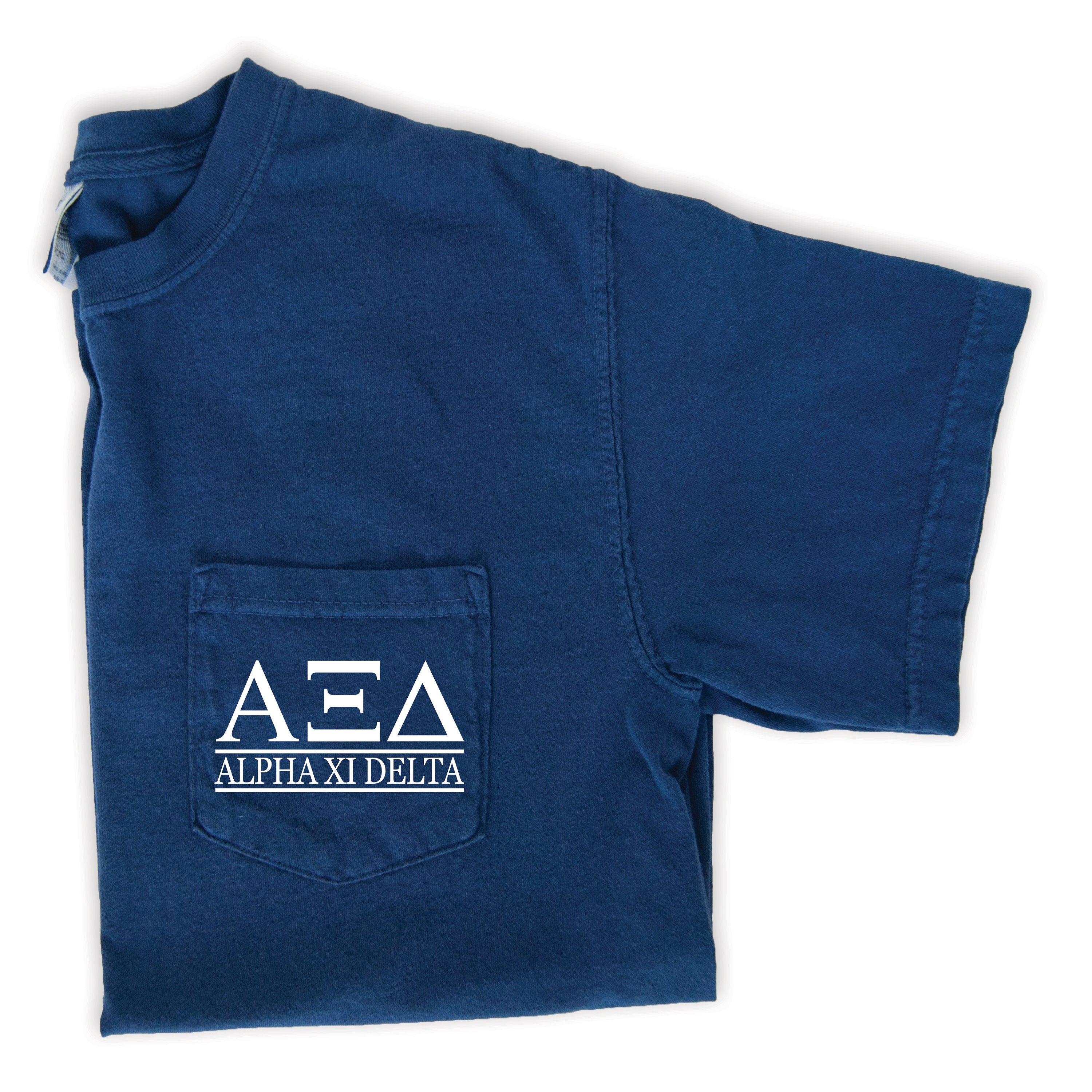 Alpha Xi Delta Block Letters Pocket T-Shirt - Navy - Go Greek Chic