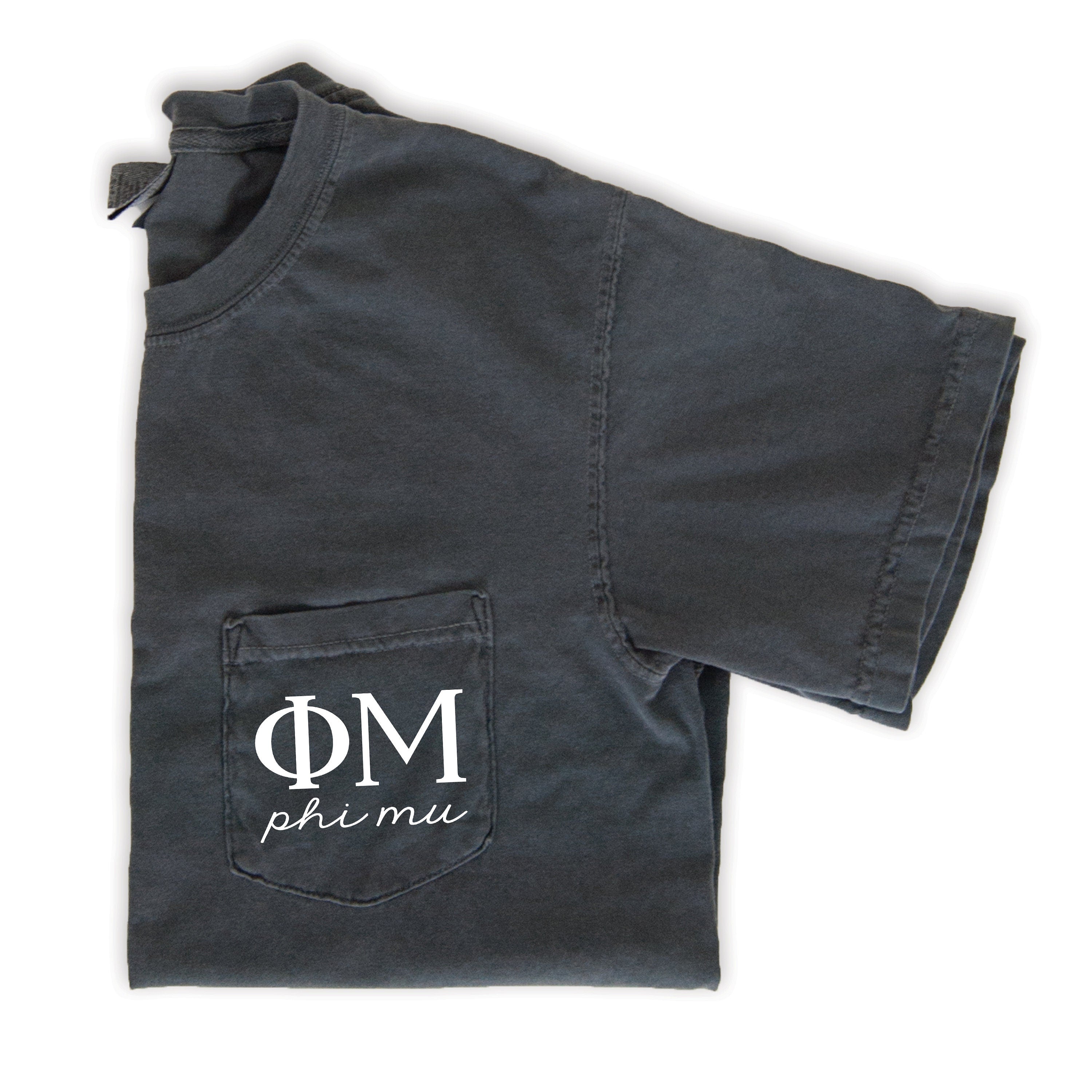 Phi Mu Script Letters Pocket T-Shirt - Grey - Go Greek Chic