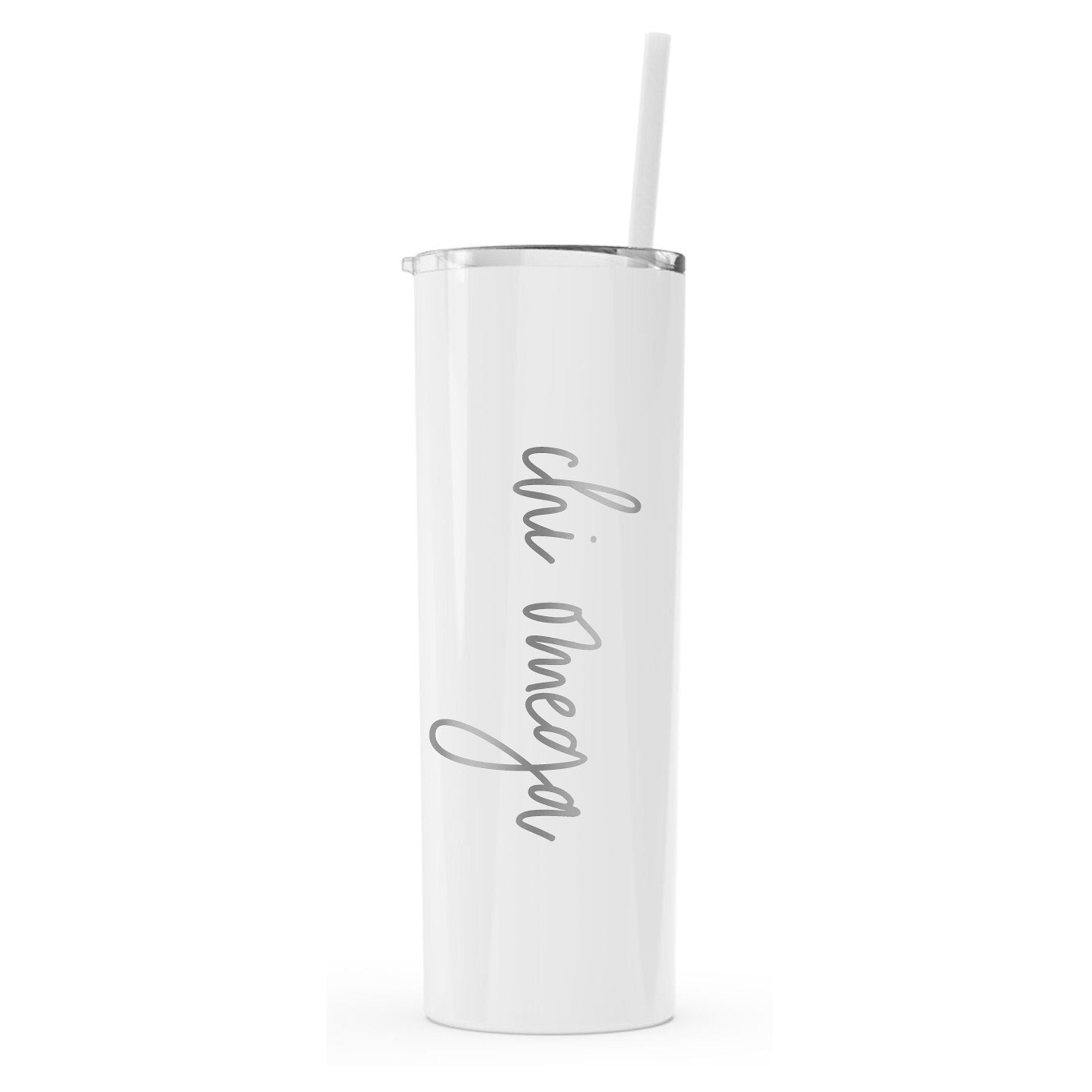 Chi Omega Laser Engraved Skinny Tumbler with Straw - Go Greek Chic