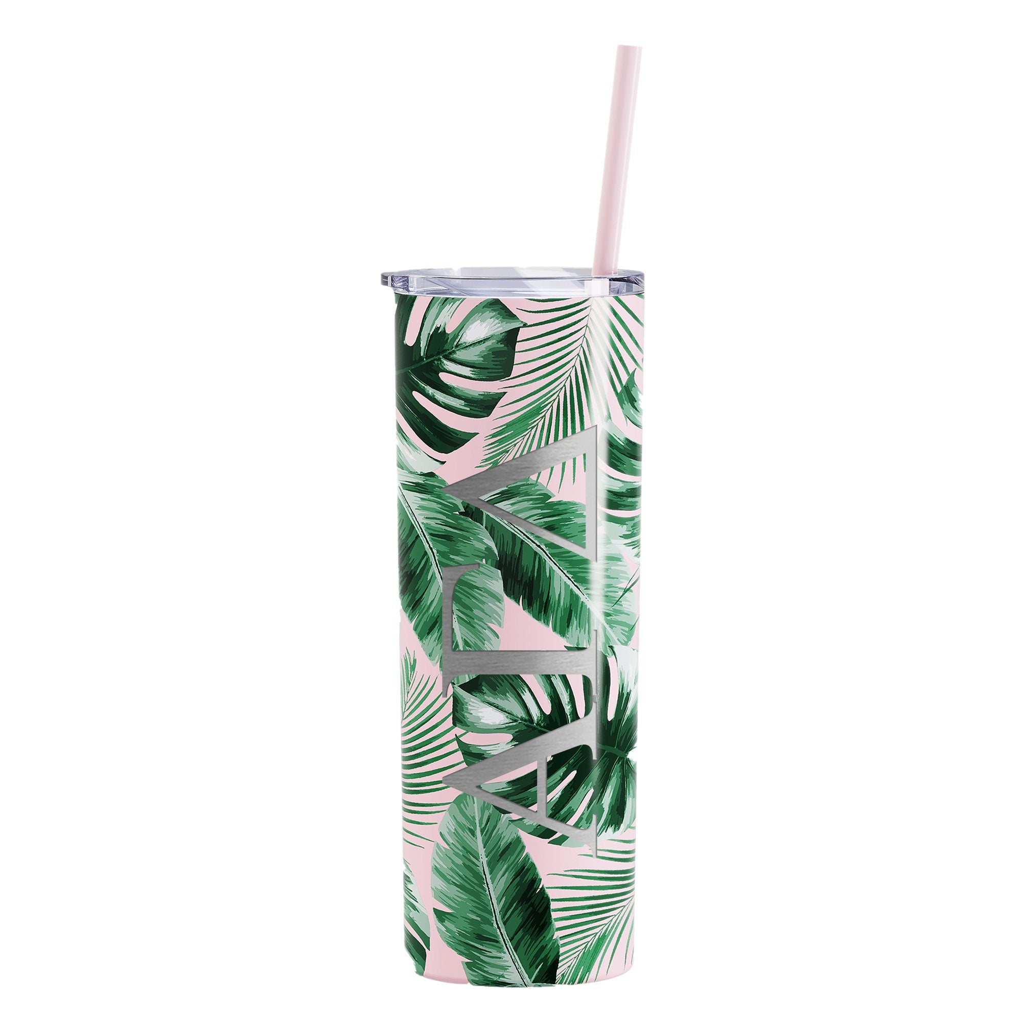 Alpha Gamma Delta - Tropical Printed Skinny Tumbler with Straw - Laser Engraved - Go Greek Chic