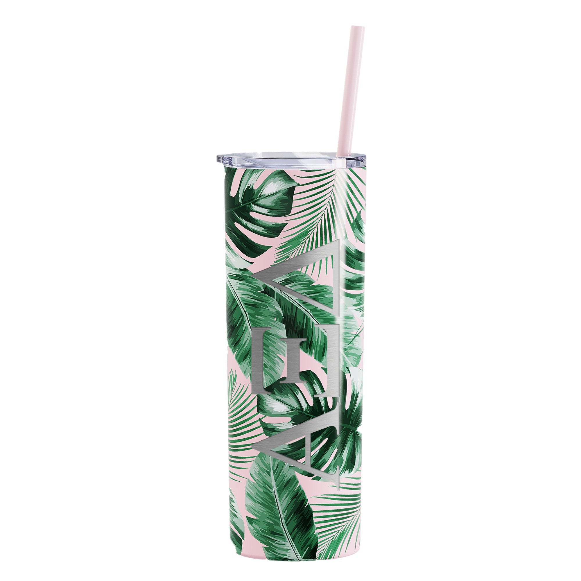 Alpha Xi Delta - Tropical Printed Skinny Tumbler with Straw - Laser Engraved - Go Greek Chic