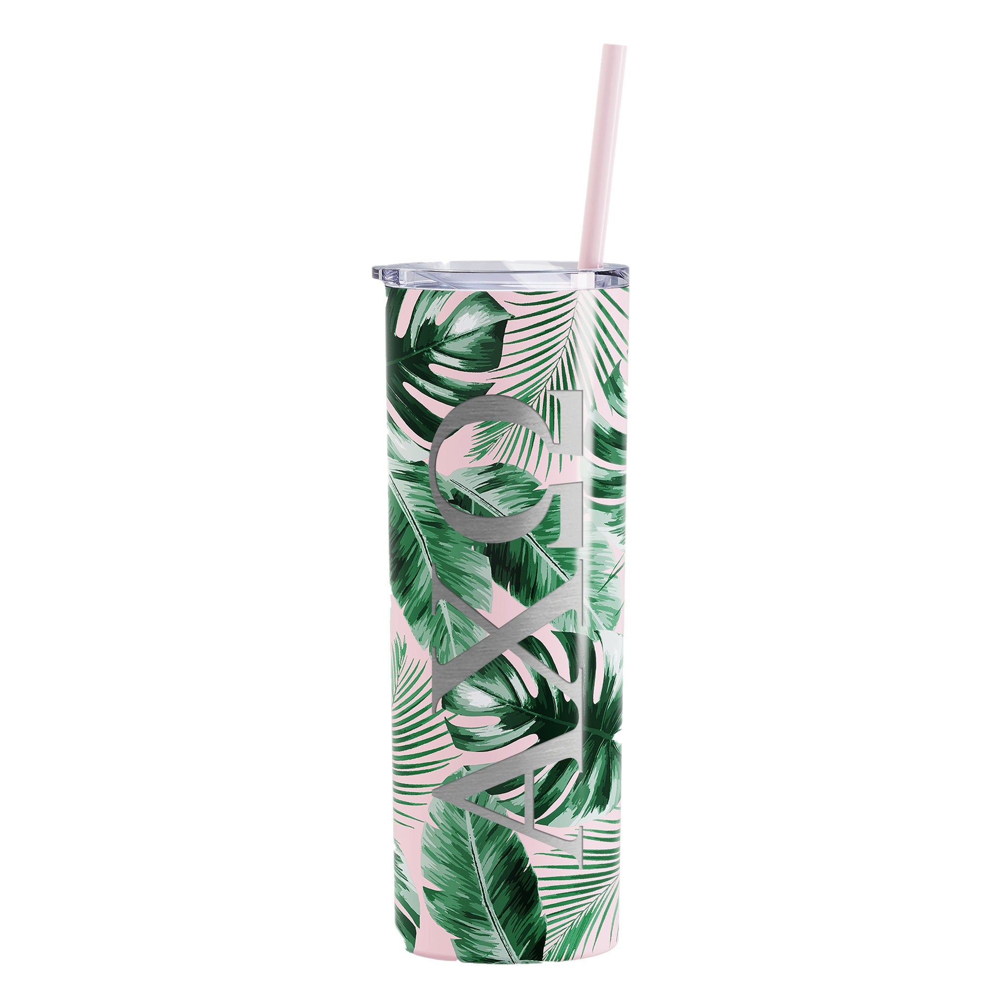 Alpha Chi Omega - Tropical Printed Skinny Tumbler with Straw - Laser Engraved - Go Greek Chic
