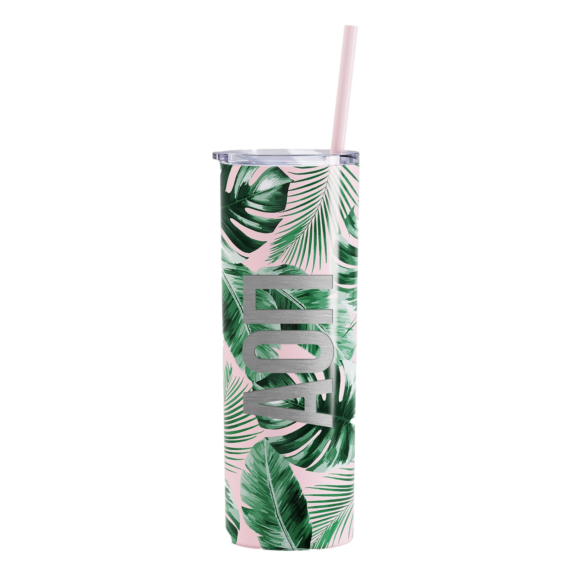 Alpha Omicron Pi - Tropical Printed Skinny Tumbler with Straw - Laser Engraved - Go Greek Chic