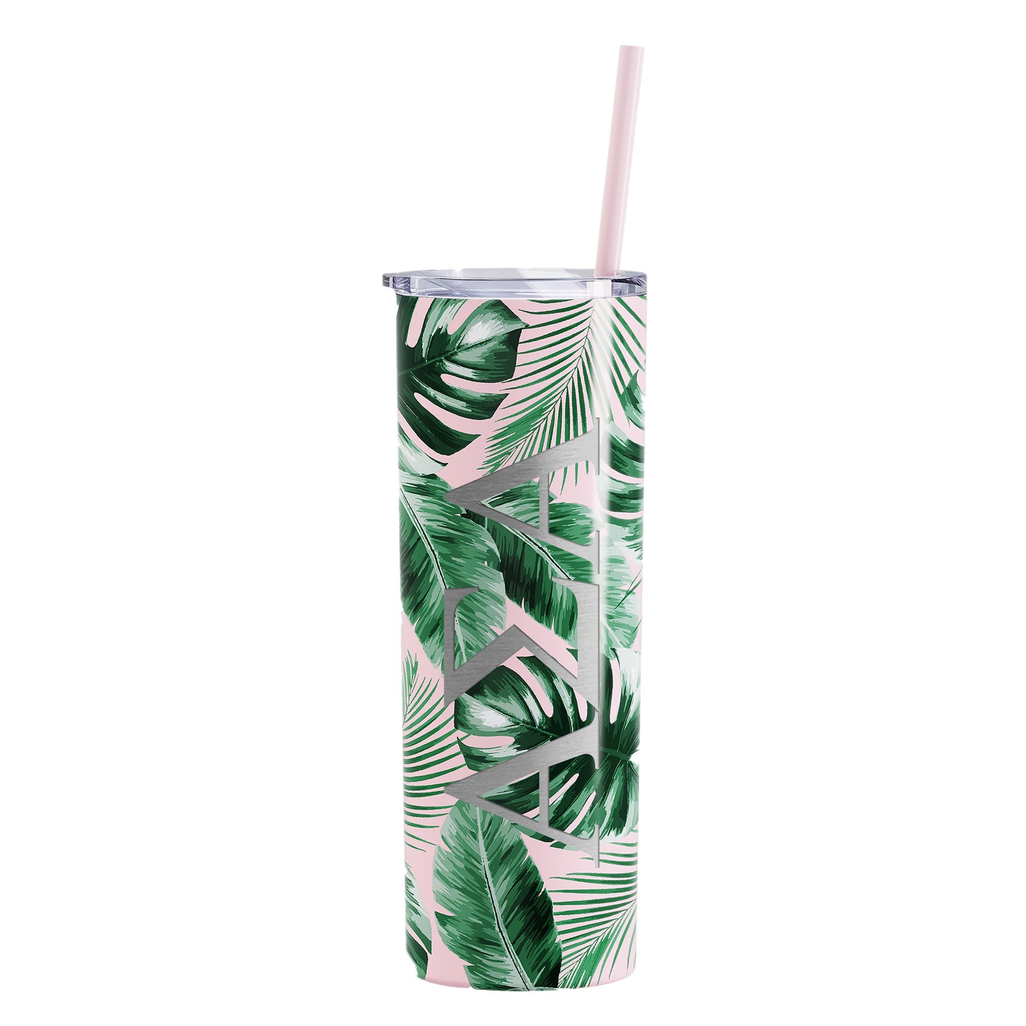 Alpha Sigma Alpha - Tropical Printed Skinny Tumbler with Straw - Laser Engraved - Go Greek Chic