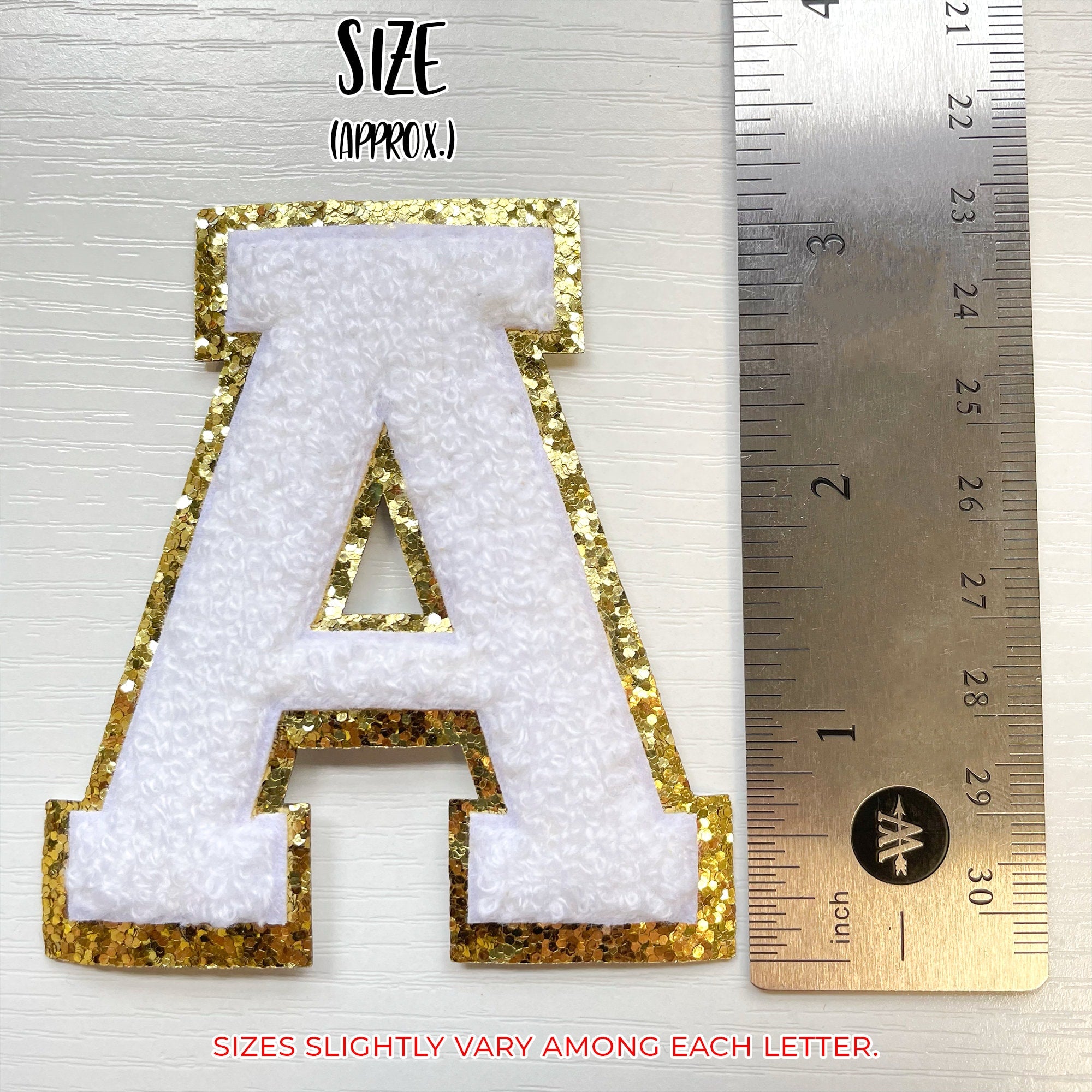 Iron-On Varsity Letter Patches, White Patches with Gold Trim, Chenille Patches, Glitter Letters, DIY Gift Ideas, Bachelorette Party Gift