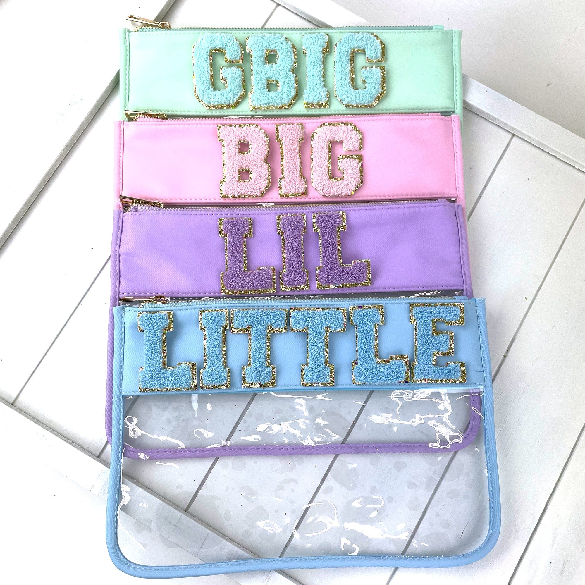 Big Little Sorority Clear Bag, Chenille Adhesive Patches, Zipper Travel Bag - Go Greek Chic