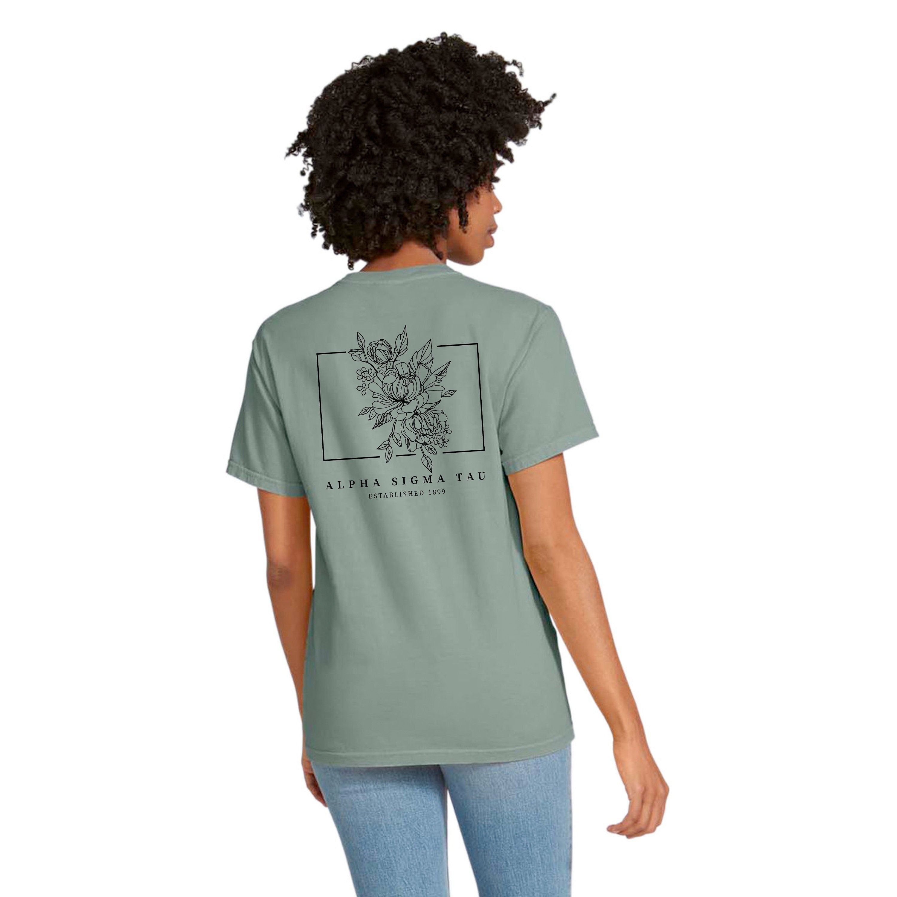 Alpha Sigma Tau Rose Flower Shirt - Sage, Back Print Only, Sorority Gift - Go Greek Chic