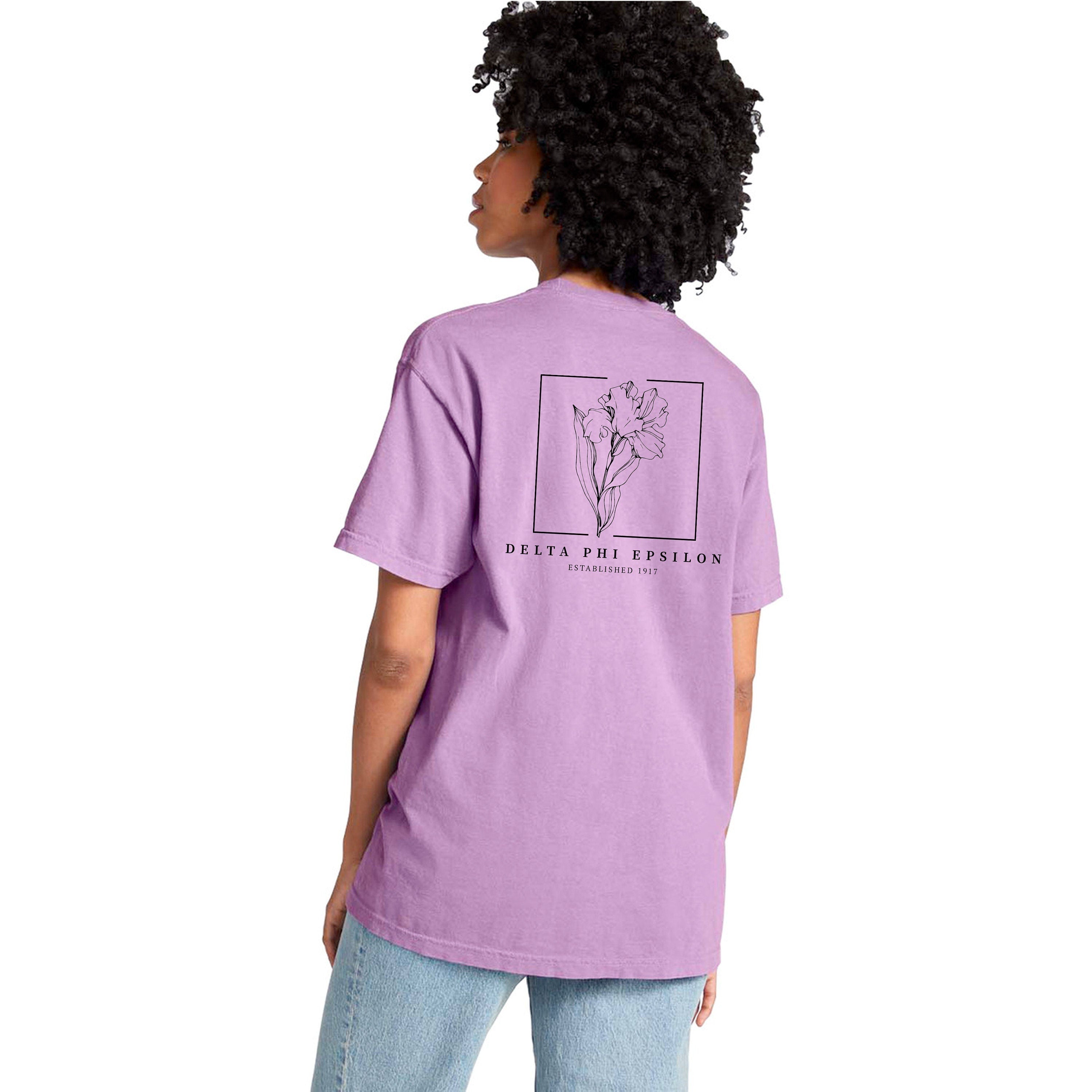 Delta Phi Epsilon Iris Flower Shirt - Blossom, Back Print Only, Sorority Gift - Go Greek Chic