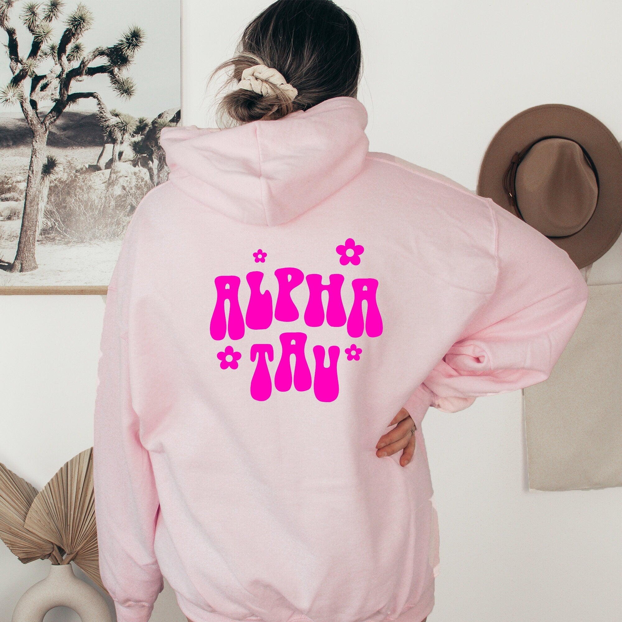 Alpha Sigma Tau Retro Floral Pink Hoodie - Alpha Tau - Go Greek Chic