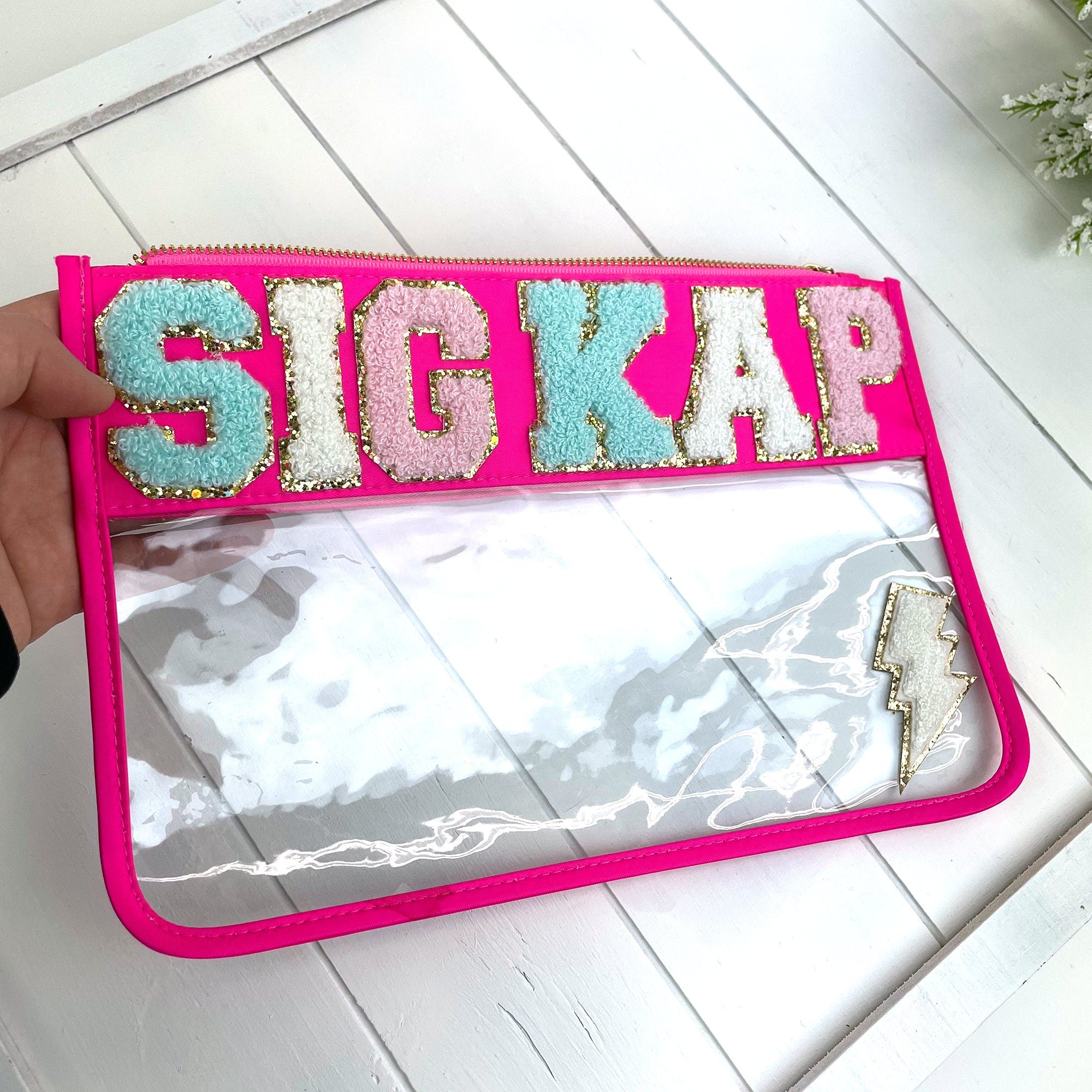 Sigma Kappa Hot Pink Chenille Patch Bag, Sig Kap, Lightning Patch, Zip Travel Bag, Big Little Gift
