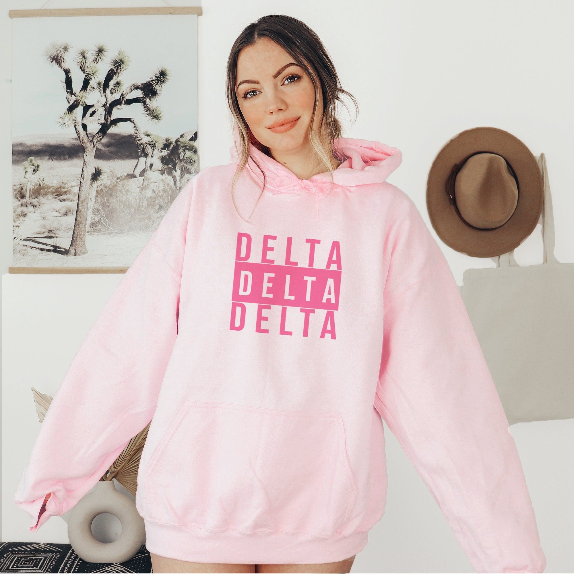 Delta Delta Delta Marquee Hoodie - Tri Delta Pink Hoodie - Go Greek Chic