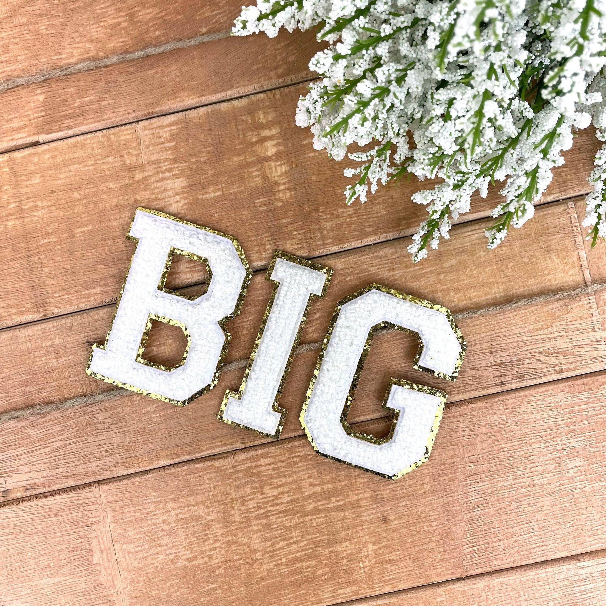 Big & Little Iron-On Varsity Greek Letter Patch Set, Chenille Patches, Gold Glitter Trim, DIY Project