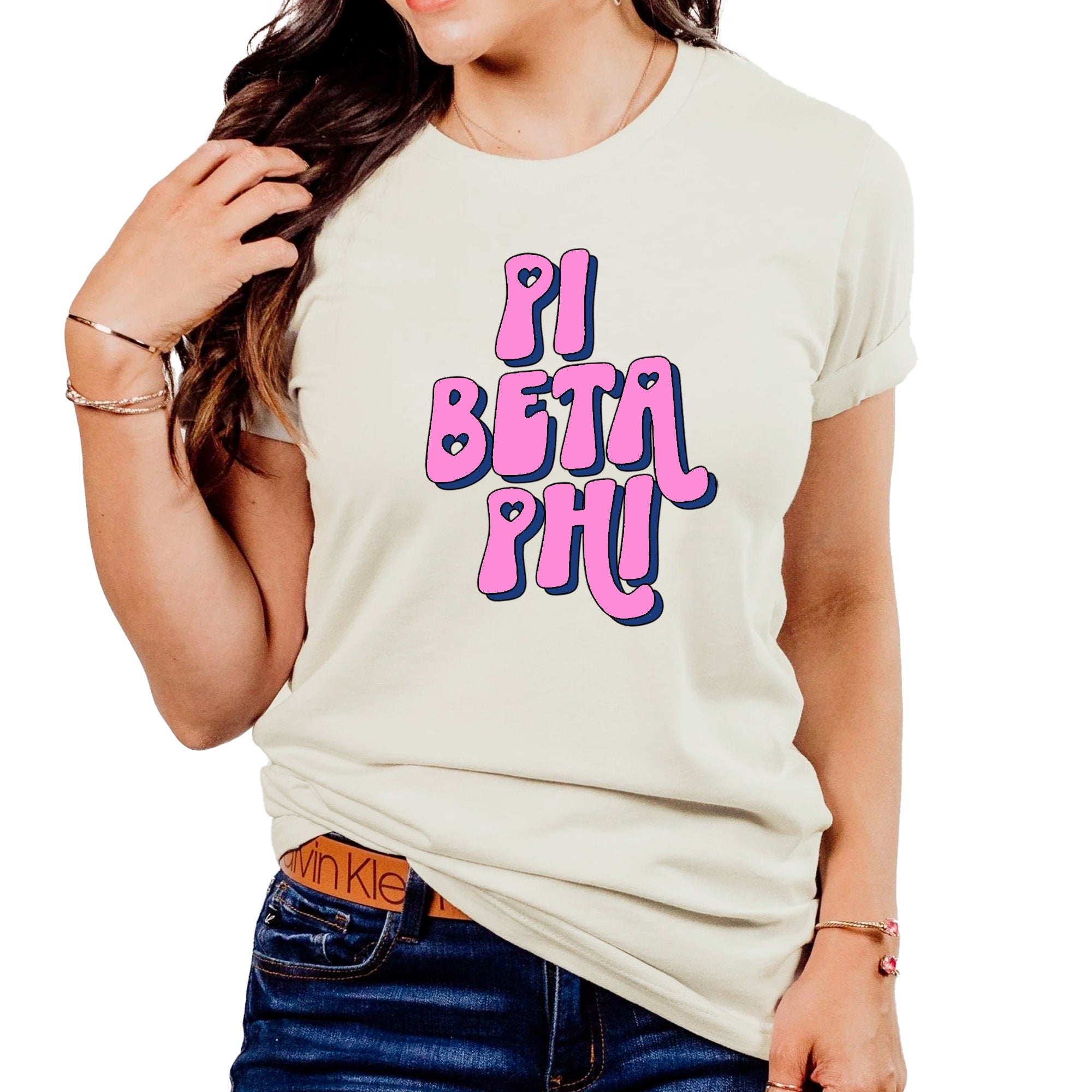 Pi Beta Phi Cute Pink Bubble Letter Design - Tan T-shirt