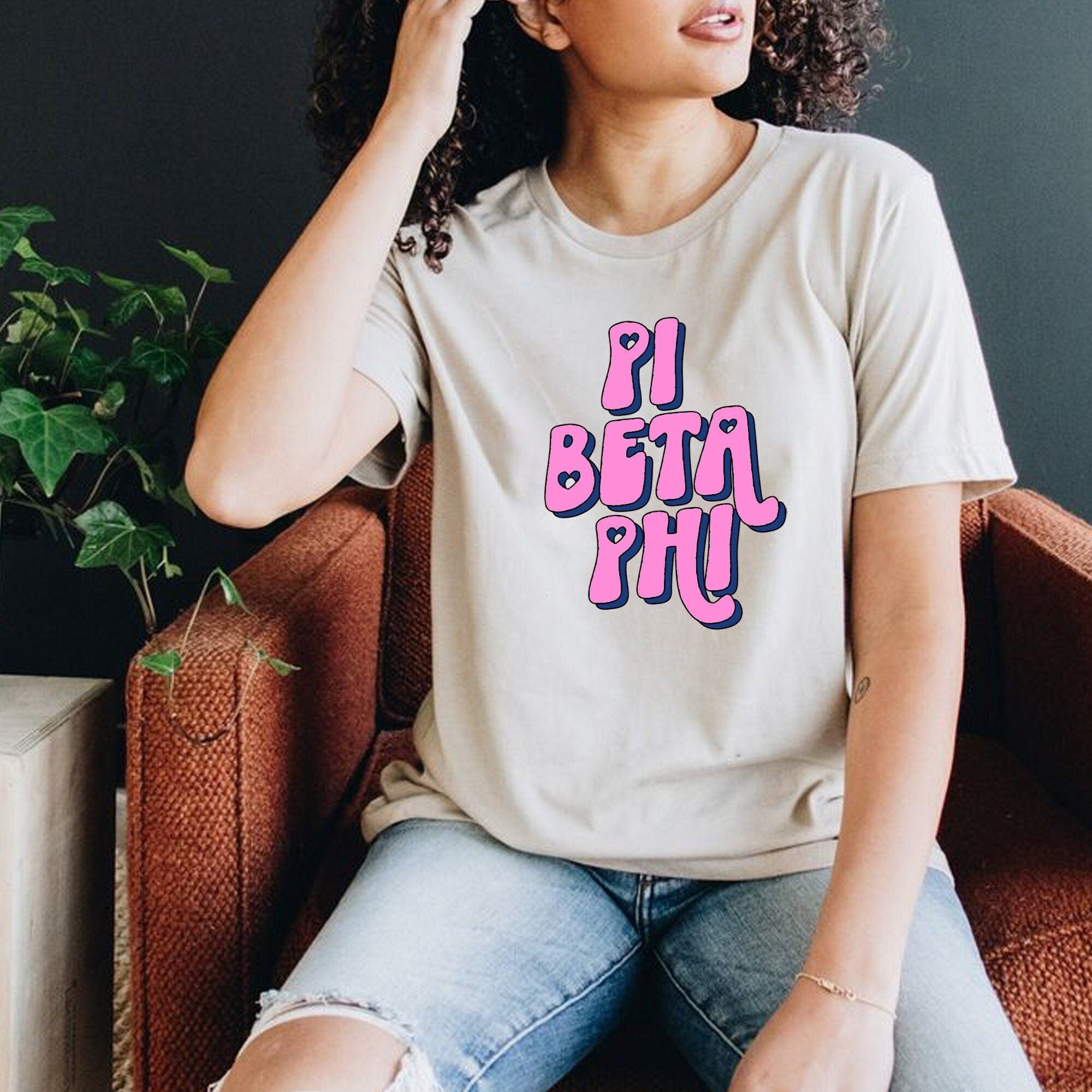 Pi Beta Phi Cute Pink Bubble Letter Design - Tan T-shirt